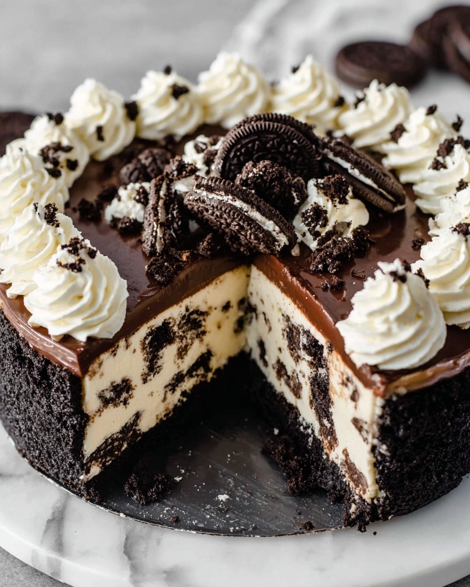 The image shows a layered cake with a dark crumbly crust at the bottom, topped with a thick white cream layer mixed with pieces of dark cookies embedded inside. Above this is a smooth, shiny dark chocolate layer covering the top, surrounded by a ring of white whipped cream piped in small swirls along the edge. On the surface of the chocolate layer, there are scattered crushed dark cookies in the center. The cake is shown with one slice removed, revealing the inside layers. The cake sits on a white marbled surface. Photo taken with an iphone --ar 4:5 --v 7