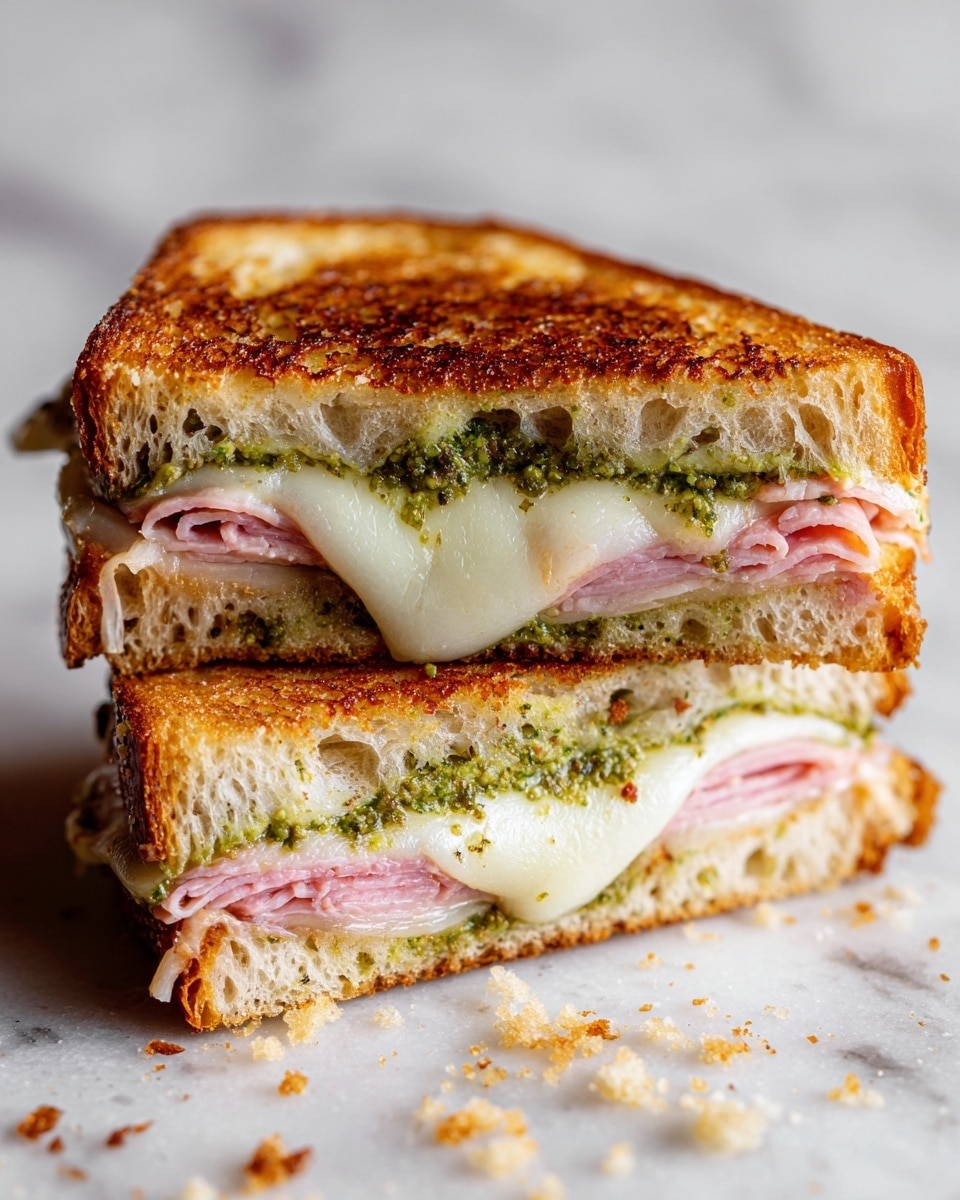 A sandwich cut in half and stacked, showing four main layers between two pieces of golden toasted bread with a slightly crusty texture. The bottom and top layers are light brown, crusty bread with visible air holes. Inside, there is a thin pink layer of ham, topped by a smooth white layer of melted cheese, followed by a thick layer of greenish spread, likely pesto or herb sauce, adding visible small bits and a moist texture. The sandwich halves rest on a white marbled surface with a few breadcrumbs scattered around. Photo taken with an iphone --ar 4:5 --v 7