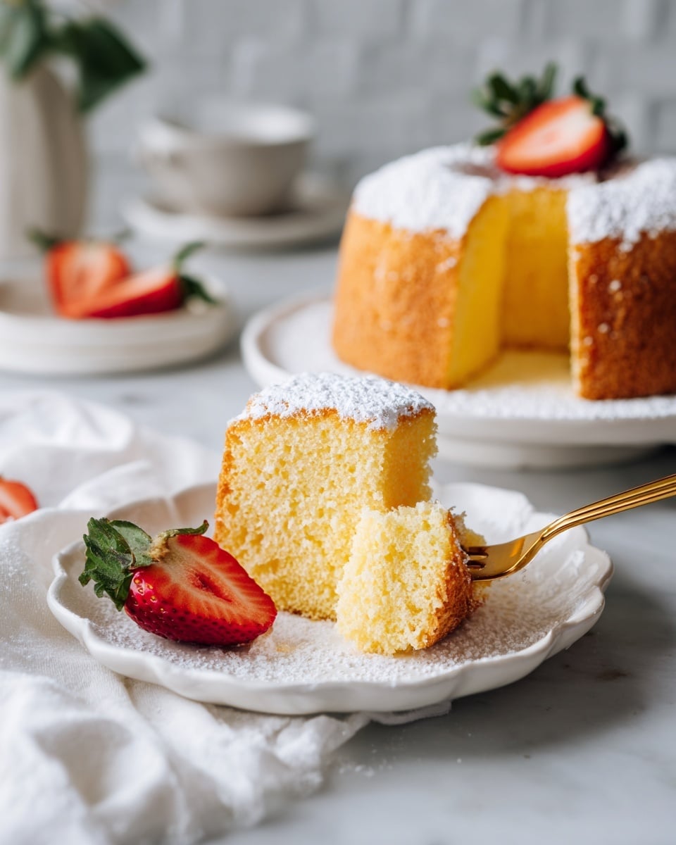 A soft, fluffy yellow sponge cake dusted lightly with white powdered sugar sits on a white scalloped plate. The cake has one visible slice cut out, showing its airy texture inside. A golden fork is gently pressing into the slice, lifting a small piece. Near the cake slice, a fresh red strawberry cut in half with its green leaves still attached adds a pop of color. In the background, the rest of the round cake is visible, also dusted with powdered sugar, placed on a white scalloped plate with two strawberry halves beside it. The scene is set on a white marbled surface with a white cloth nearby, and the background shows soft, out-of-focus white tiles. photo taken with an iphone --ar 4:5 --v 7