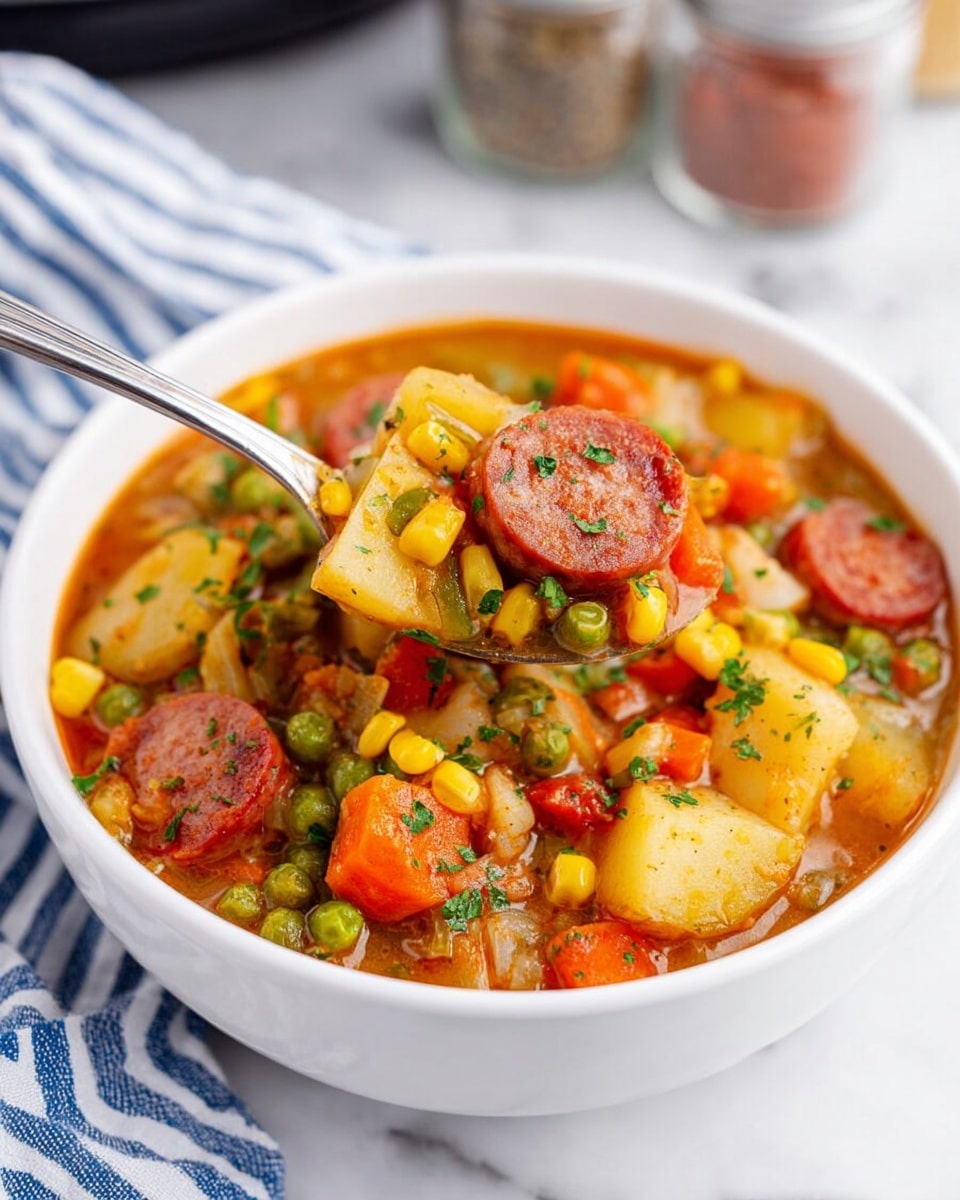 A large black slow cooker filled with a colorful mix of food including thick slices of reddish sausage, chunks of pale yellow potatoes, bright yellow corn, green peas, small pieces of green beans, diced red tomatoes, and browned ground meat. The mixture looks thick and chunky, spread evenly throughout the pot with a rich, hearty texture. The slow cooker is set on a white marbled surface, and a blue and white striped towel is partly visible beside it. Photo taken with an iphone --ar 4:5 --v 7