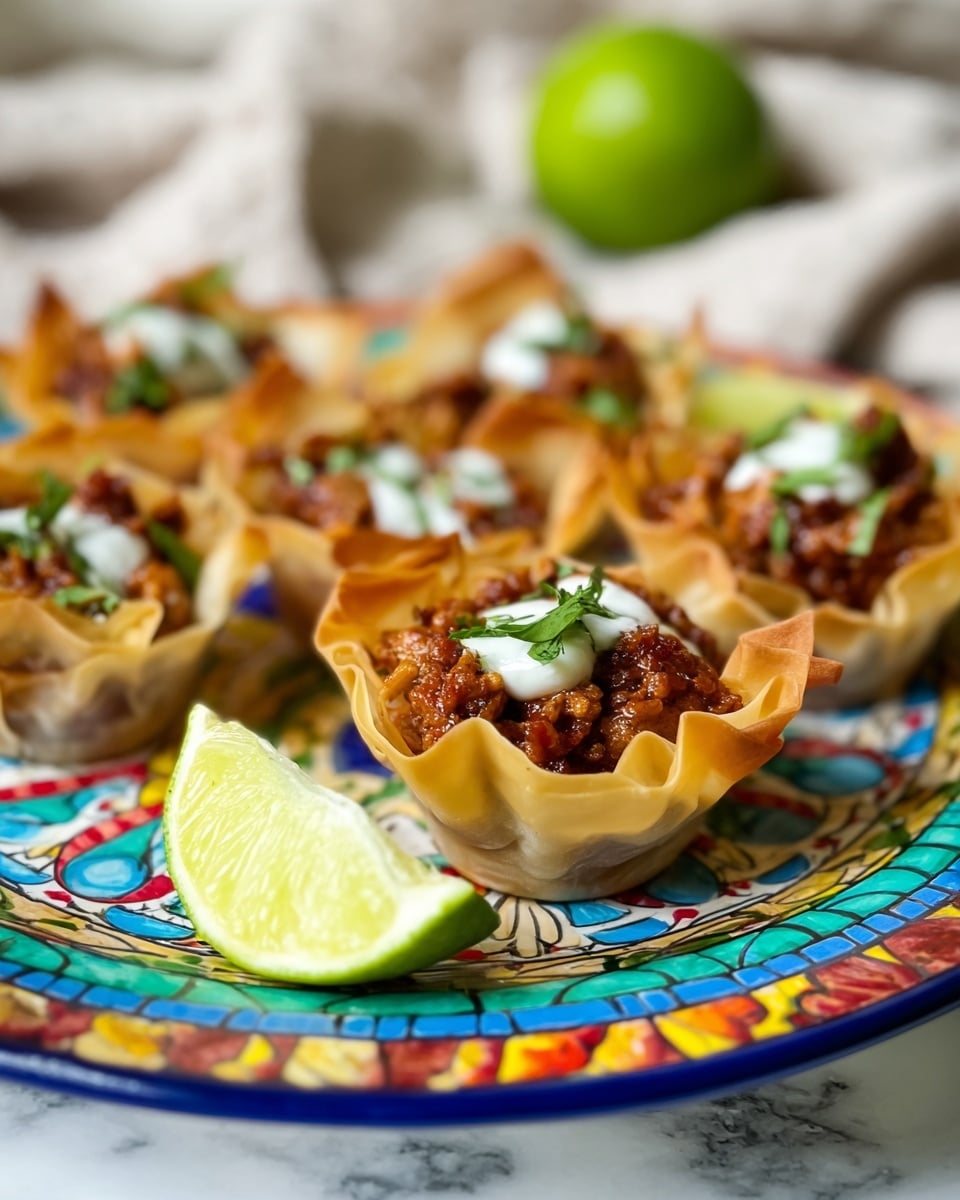 The image shows small filo pastry cups filled with a reddish-brown spicy meat mixture topped with white sauce and sprinkled with fresh green herbs. There are about five cups arranged on a colorful patterned plate with bright blue, green, red, and yellow designs. In the foreground, there is a quarter lime wedge with a pale yellow inside and a green rind, resting on the plate near the pastry cups. The background is blurred but shows a lime and a soft grey cloth. The entire scene is set on a white marbled texture surface. photo taken with an iphone --ar 4:5 --v 7