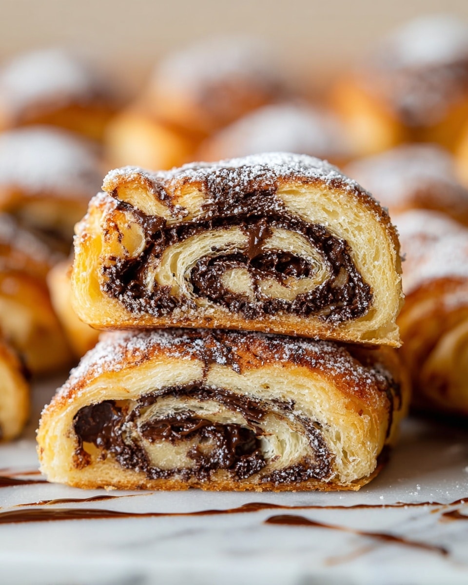 A close-up of two pieces of a pastry with two visible layers: a soft golden brown baked outer dough and a thick, dark, glossy chocolate filling spiraled inside. The top piece is stacked on the bottom piece, both showing the swirl pattern clearly. The pastry is lightly dusted with powdered sugar, and some chocolate drizzle can be seen on the surface nearby. In the blurred background, more pastries with the same color and texture are visible, all set on a white marbled texture. photo taken with an iphone --ar 4:5 --v 7