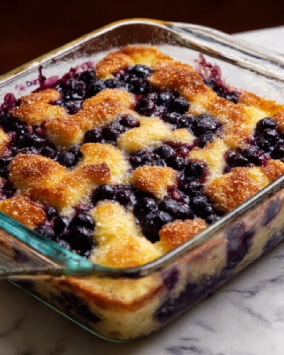 A clear glass baking dish filled with a golden-brown baked dessert with a soft, slightly crispy top layer. The top has scattered clusters of dark purple berries, some bursting and oozing juice, creating a mix of yellow-gold and deep purple colors. The texture of the top looks fluffy and slightly crusty, contrasting with the tender fruit beneath. The dish sits on a white marbled surface, showing the warm, freshly baked treat ready to be served. Photo taken with an iphone --ar 4:5 --v 7
