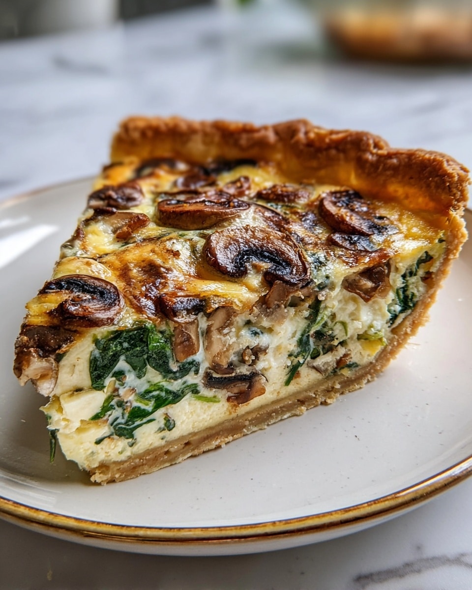 A close-up slice of quiche sits on a white plate with a gold rim, placed on a white marbled surface. The quiche has three visible layers: a thick, golden-brown, flaky crust at the bottom and edges; a creamy, light yellow egg mixture filled with green spinach leaves and bits of mushrooms inside; and a slightly browned top layer dotted with browned, sliced mushrooms. The texture of the crust looks crisp and crumbly, while the filling appears soft and moist. Photo taken with an iphone --ar 4:5 --v 7