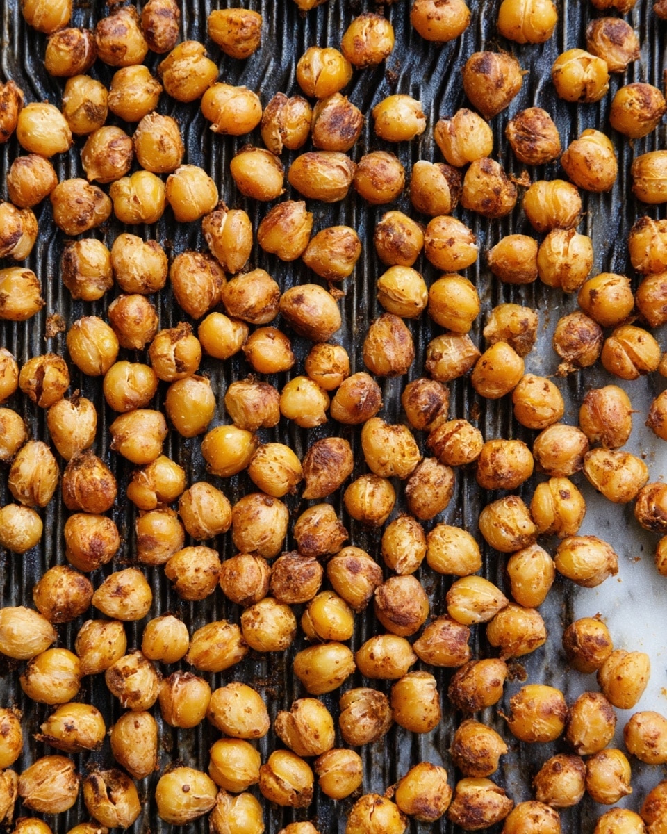 The image shows many small, round roasted chickpeas scattered evenly across a dark baking tray with a slotted pattern. Each chickpea has a golden brown color with darker toasted spots, showing a rough, dry texture. The chickpeas vary slightly in color from light golden to darker brown, indicating they are well-cooked and crispy. The background beneath the tray is a white marbled surface. photo taken with an iphone --ar 4:5 --v 7