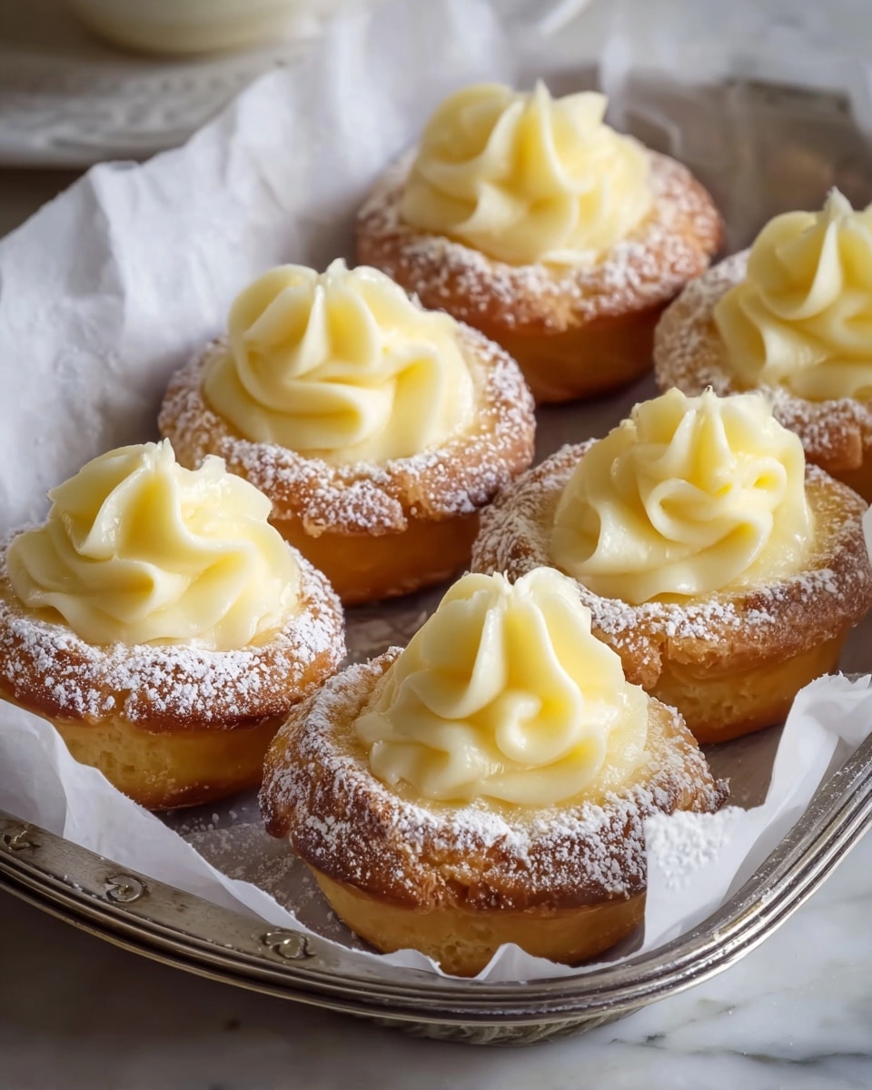 The image shows six small round pastries in a white paper-lined silver tray. Each pastry has a golden brown crust with a slightly raised edge and is topped with a smooth, pale yellow cream piped in soft swirls, creating a flower-like shape. The pastries are lightly dusted with white powdered sugar, adding a delicate contrast. The tray is placed on a white marbled surface, and there’s a soft natural light coming from the left side, highlighting the creamy texture and golden crust. photo taken with an iphone --ar 4:5 --v 7