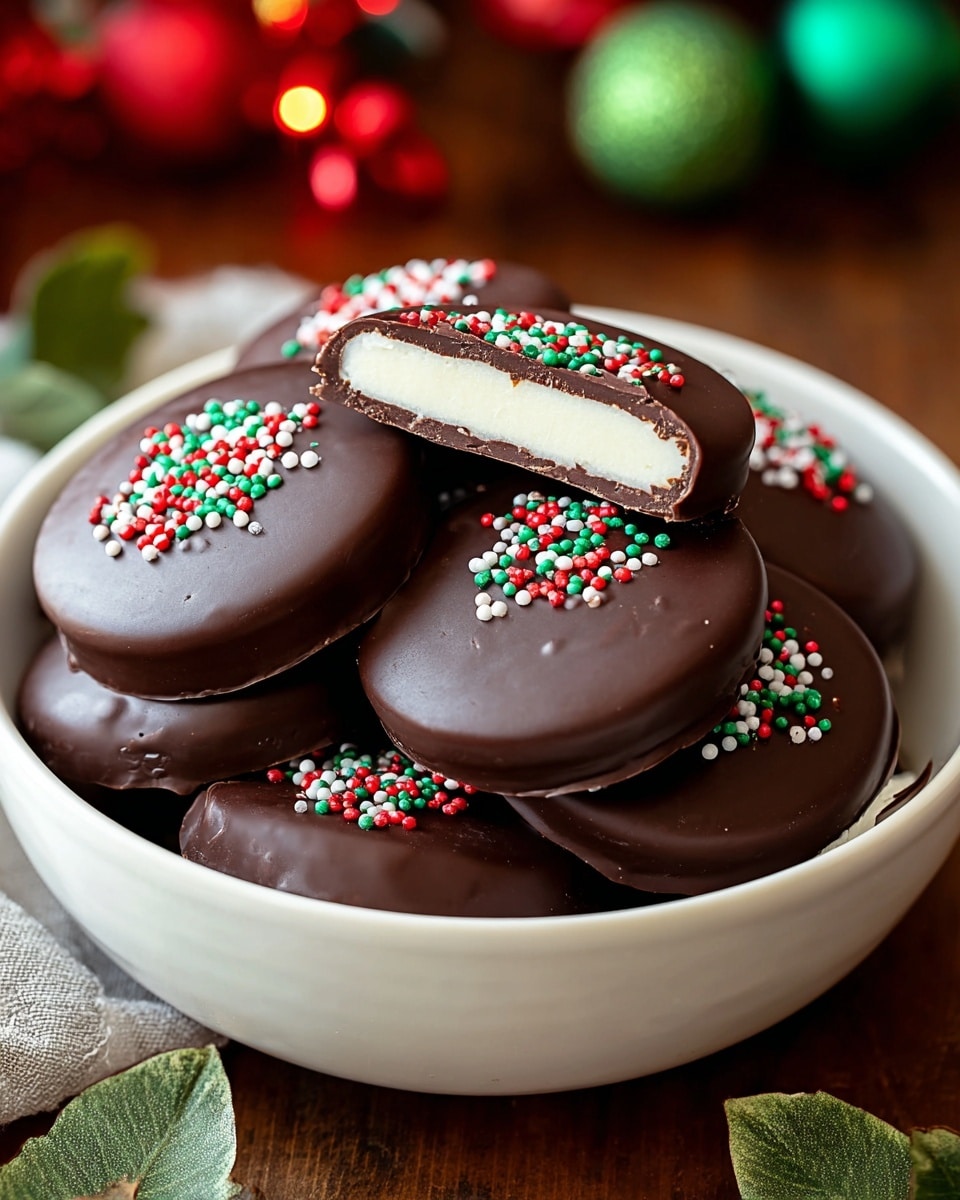 A white bowl filled with round dark chocolate discs that have a smooth, shiny surface. Each disc is decorated with small red, white, and green sprinkles on top. One chocolate is cut in half, showing two layers inside: a thick white creamy layer in the middle, surrounded by a thin outer layer of dark chocolate. The bowl sits on a wooden table with some green leaves and colorful red and green blurred decorations in the background. Photo taken with an iphone --ar 4:5 --v 7