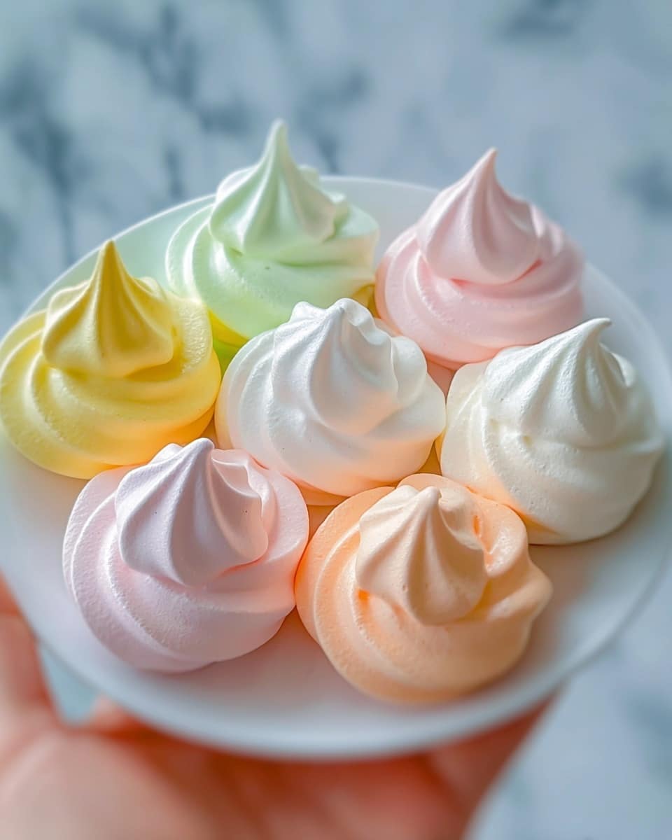 The image shows a white plate filled with eight colorful meringue cookies, each shaped like a small peak with soft swirls. The meringues come in pastel colors including white, yellow, light green, soft pink, peach, and a pale orange, all with a smooth, matte texture. They are closely arranged, filling the plate evenly with no gaps. The background is a blurred white marbled texture, creating a clean and bright setting. A woman's hand is holding the plate from below, visible only at the bottom edge. photo taken with an iphone --ar 4:5 --v 7
