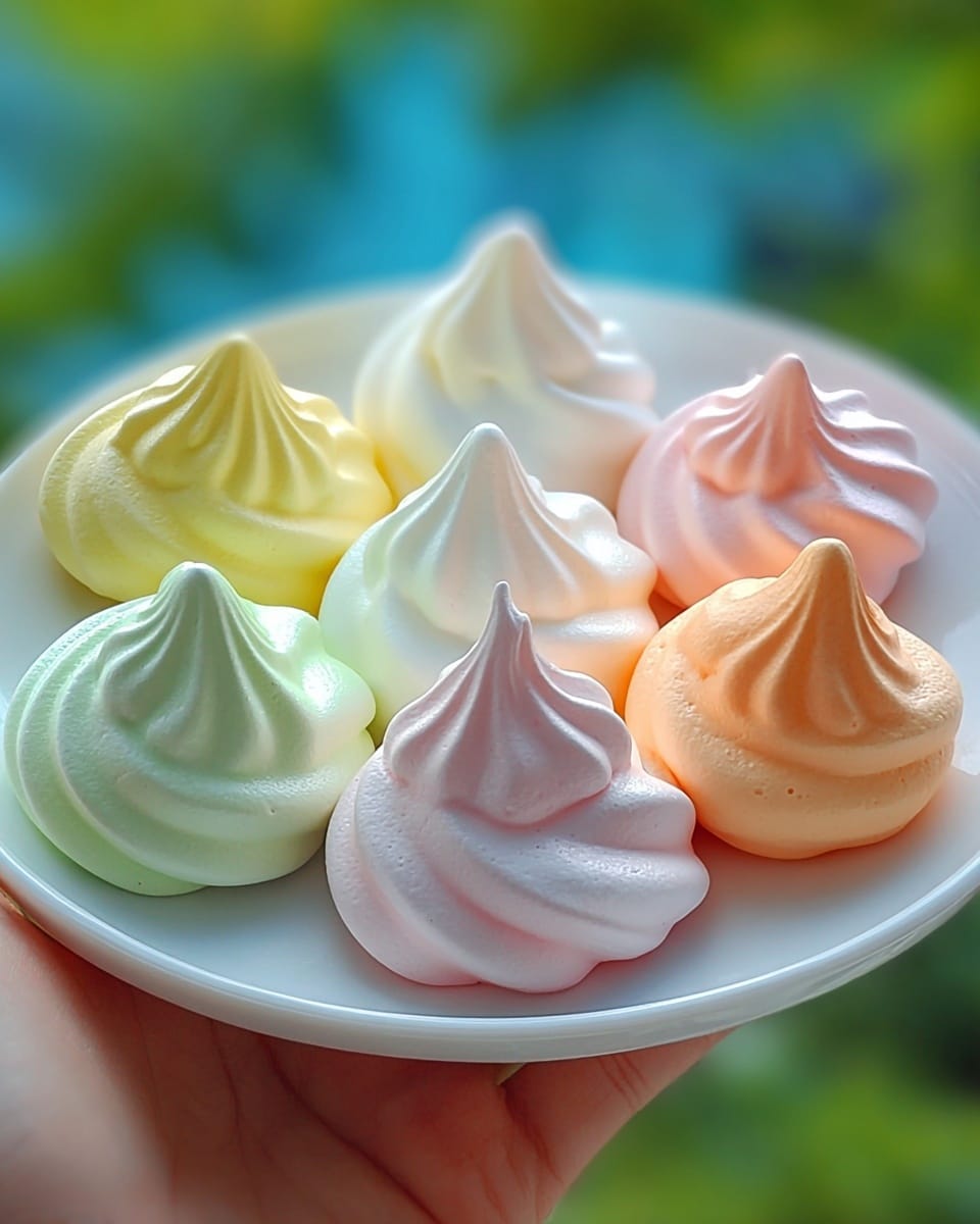 The image shows a white plate filled with eight small meringue cookies, each shaped like a swirl with a pointed peak. The meringues come in a variety of soft pastel colors, including white, light yellow, light green, light pink, light orange, and a light peachy shade. The texture of each meringue looks light and airy, with a slightly matte finish that catches soft light. The plate is held by a woman's hand, with a blurred green and blue background giving a fresh, outdoor feel. The white plate contrasts gently with the pastel colors, making them stand out clearly. photo taken with an iphone --ar 4:5 --v 7