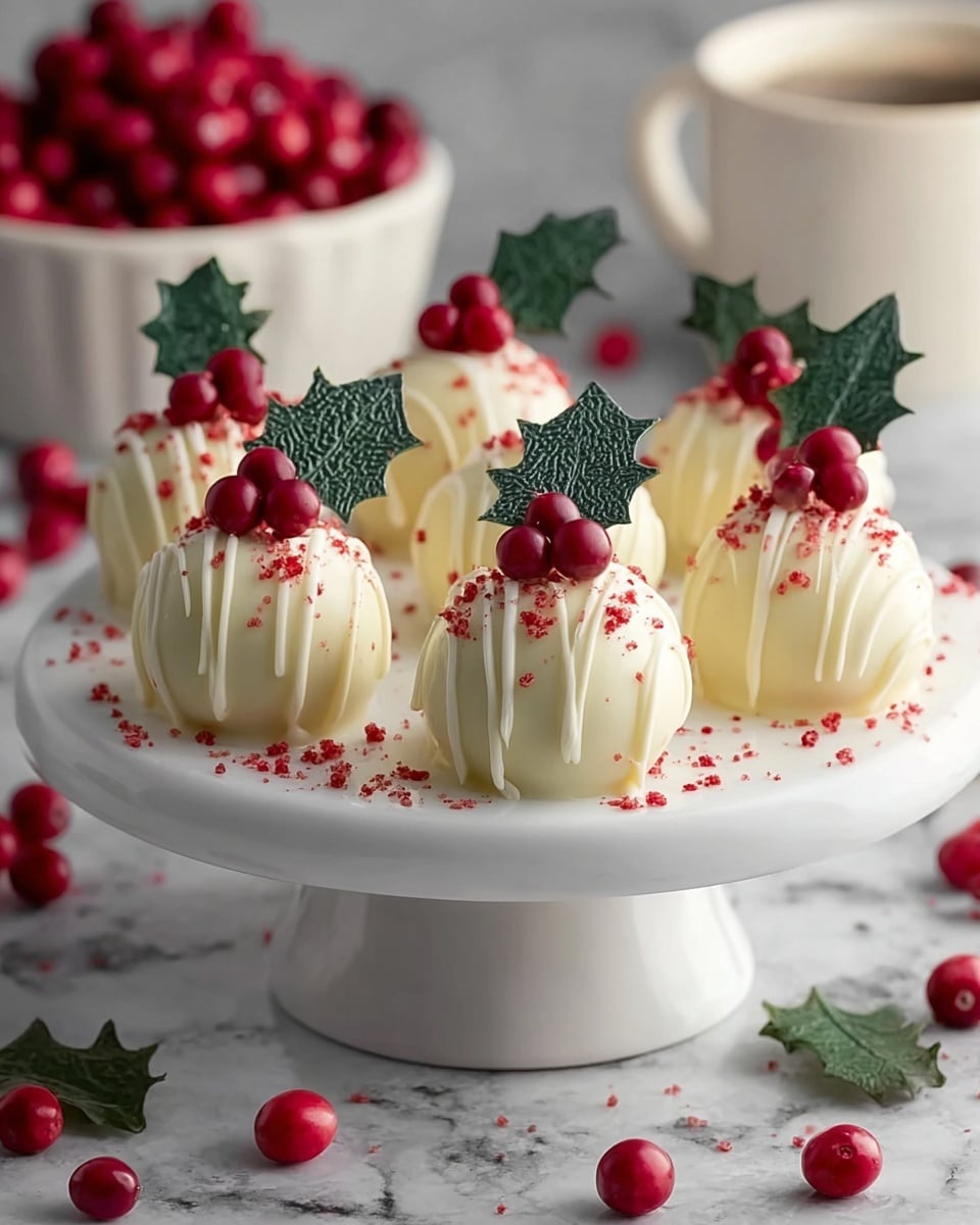 A white round stand holds eight smooth, round white chocolate balls, each drizzled lightly with thin white lines and sprinkled with small red crumbs on top. Each ball has a small cluster of three shiny red berries and two dark green, textured leaves set upright on top, resembling holly. The stand is on a surface with a white marbled texture, with scattered red berries and green leaves around it. In the background, there is a white cup filled with red berries that is slightly out of focus. photo taken with an iphone --ar 4:5 --v 7