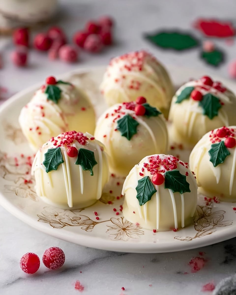 There are nine round white chocolate balls arranged closely on a white plate with light brown floral patterns, placed on a white marbled surface. Each ball is decorated with thin white chocolate drizzles on top, small green holly-shaped leaves, and bright red round candy berries. On the top and sides of the balls, there are also small red sprinkles adding texture, with a few loose red candy berries scattered around the plate. The background is soft and out of focus with a touch of red and green shapes resembling holiday decorations. photo taken with an iphone --ar 4:5 --v 7