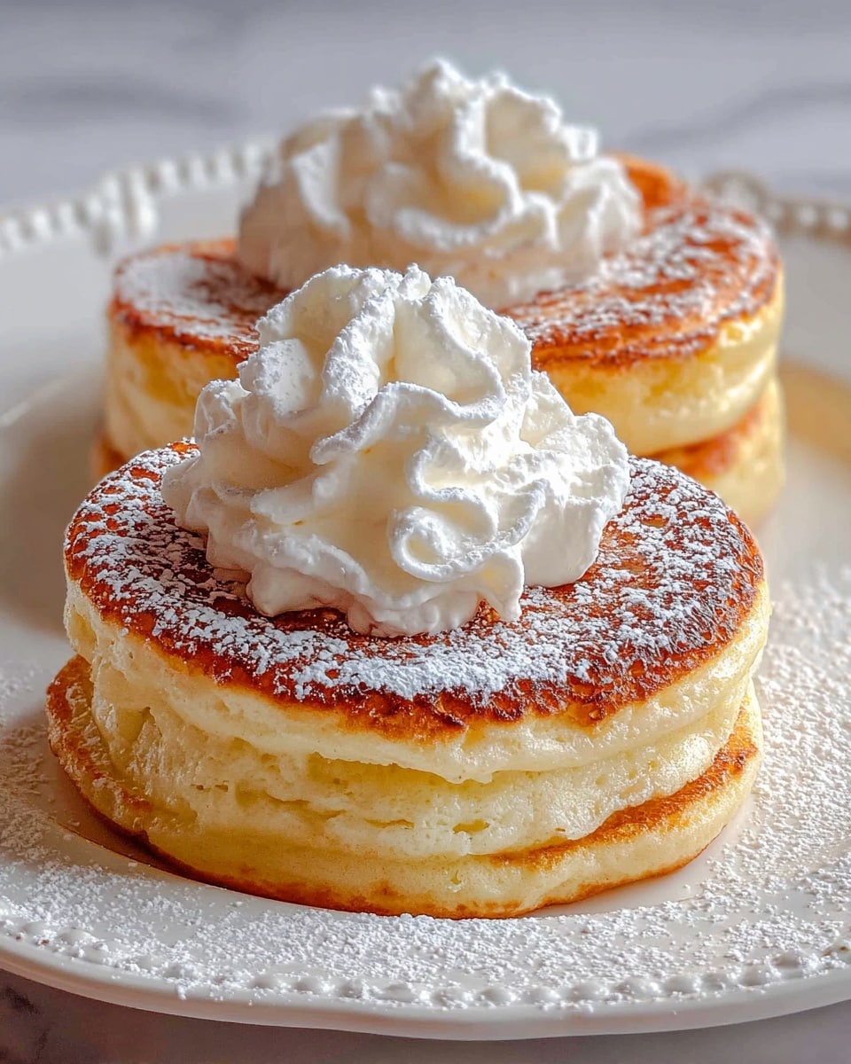 The image shows three fluffy, thick pancakes stacked individually on a white decorative plate. Each pancake has a golden-brown top with a slightly crispy edge and soft, light-yellow, airy sides. A generous dollop of white whipped cream sits on the center of each pancake, and they are all lightly dusted with powdered sugar, which also slightly covers the plate. The plate rests on a white marbled surface, giving a clean and bright background. photo taken with an iphone --ar 4:5 --v 7