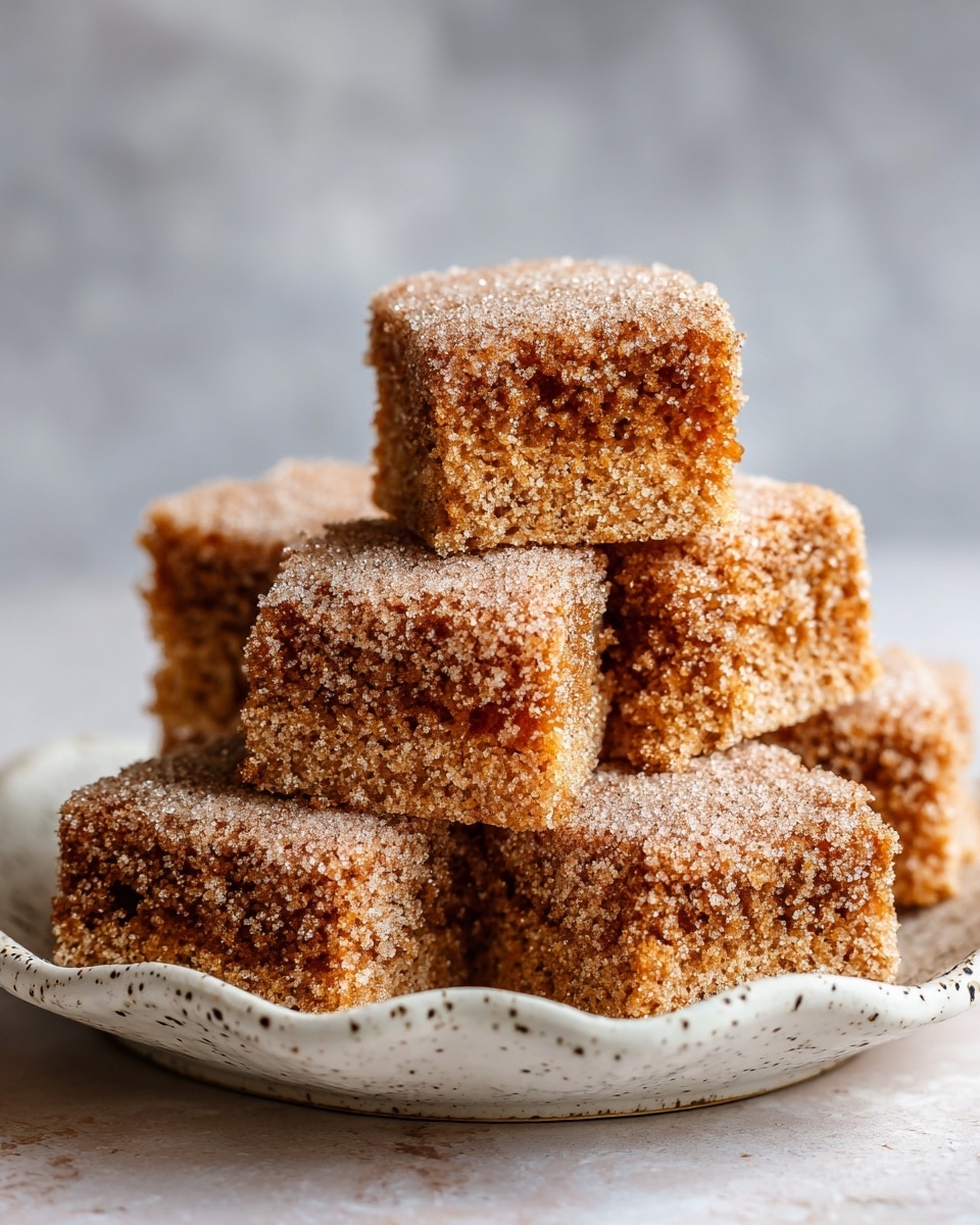 A stack of six thick, square-shaped cinnamon sugar coated cake pieces are piled unevenly on a white plate with a wavy edge and black specks, placed on a white marbled textured surface. Each piece displays a crunchy, rough texture with visible granules of sugar all over the golden-brown surface, giving a sparkly look. The background is blurred with a smooth gray shade, highlighting the warm tones and crumbly texture of the cake squares. photo taken with an iphone --ar 4:5 --v 7