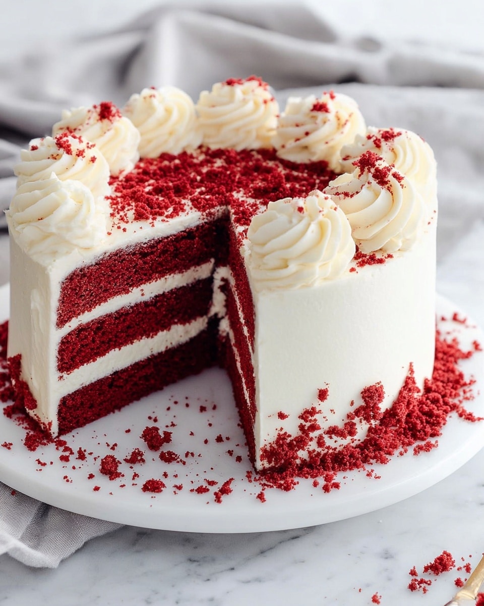 A round red velvet cake with three visible layers of deep red sponge separated by thin white cream layers, all covered smoothly with white frosting. The top of the cake is decorated with large swirls of white cream around the edge, and red cake crumbs are sprinkled on top and around the bottom edge, with some crumbs scattered on the white plate. A slice is cut out showing the inside clearly. The cake sits on a white plate on a white marbled surface with a soft grey cloth in the background. Photo taken with an iphone --ar 4:5 --v 7