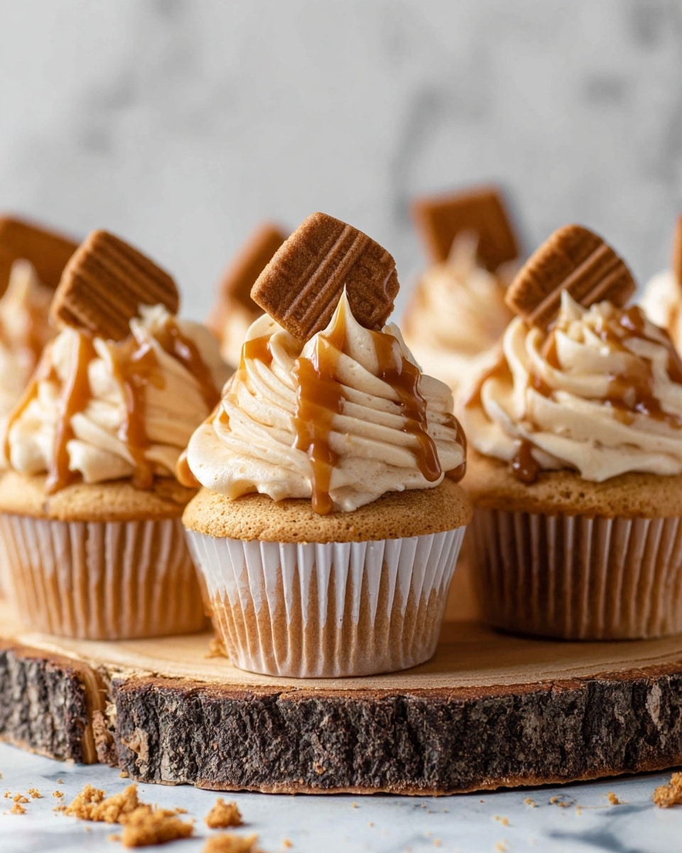 The image shows several cupcakes arranged closely on a rustic wooden slice with bark edges, placed on a white marbled surface. Each cupcake has a light brown cake base wrapped in a white cupcake liner. On top, there are two layers of creamy, light beige frosting swirled high, almost like soft peaks. The frosting is drizzled with a smooth caramel-colored sauce that glistens under the light. Each cupcake is finished with a square brown cookie partially inserted into the frosting at an angle, with visible lines and texture on the cookie. Some cookie crumbs are scattered around the base of the cupcakes. photo taken with an iphone --ar 4:5 --v 7