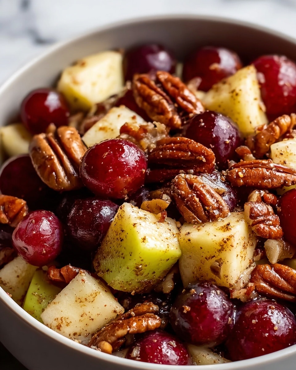The image shows a close-up of a fruit and nut mix in a white bowl, placed on a white marbled surface. The dish has three main layers with a rich mix on top: shiny, deep red grapes scattered evenly, light yellow apple chunks with a slightly rough texture coated in specks of brown spice, and whole pecan nuts with their distinct ridged, dark brown shells. Some small pieces of walnut are also visible sprinkled throughout, adding texture and variation. The colors and textures mix closely, creating a fresh and healthy look. photo taken with an iphone --ar 4:5 --v 7