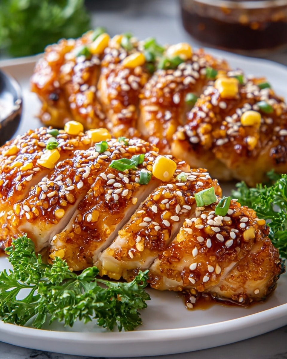 The image shows two thick pieces of grilled chicken breast on a white plate, each cut into slices that reveal the juicy white inside. The chicken has a shiny, golden-brown glaze with bits of yellow corn and small green onion pieces sprinkled on top. White sesame seeds are spread over the chicken and plate, adding texture. Green leafy parsley is placed around the chicken for decoration on the white marbled surface. photo taken with an iphone --ar 4:5 --v 7