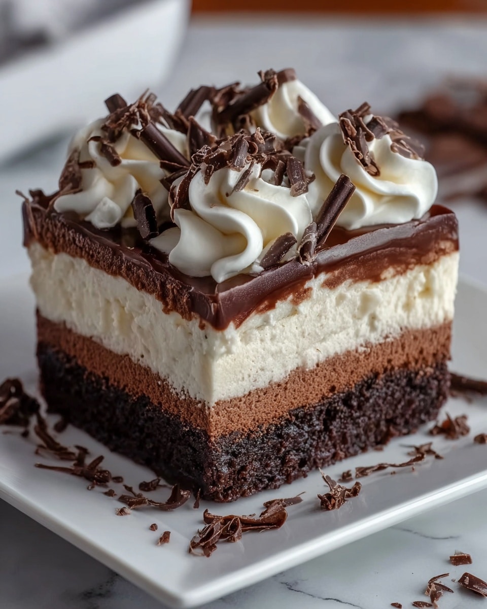 A square dessert with three distinct layers sits on a white square plate placed on a white marbled surface. The bottom layer is a thick, dark brown chocolate cake base with a moist texture. Above it is a thick, creamy white layer, smooth and dense, taking up nearly half the dessert's height. The top layer is a glossy, rich chocolate ganache spread evenly. On top of this, there are swirls of white whipped cream arranged in small dollops, each topped with thin dark chocolate curls scattered around the dessert and plate, adding texture and detail. Photo taken with an iphone --ar 4:5 --v 7