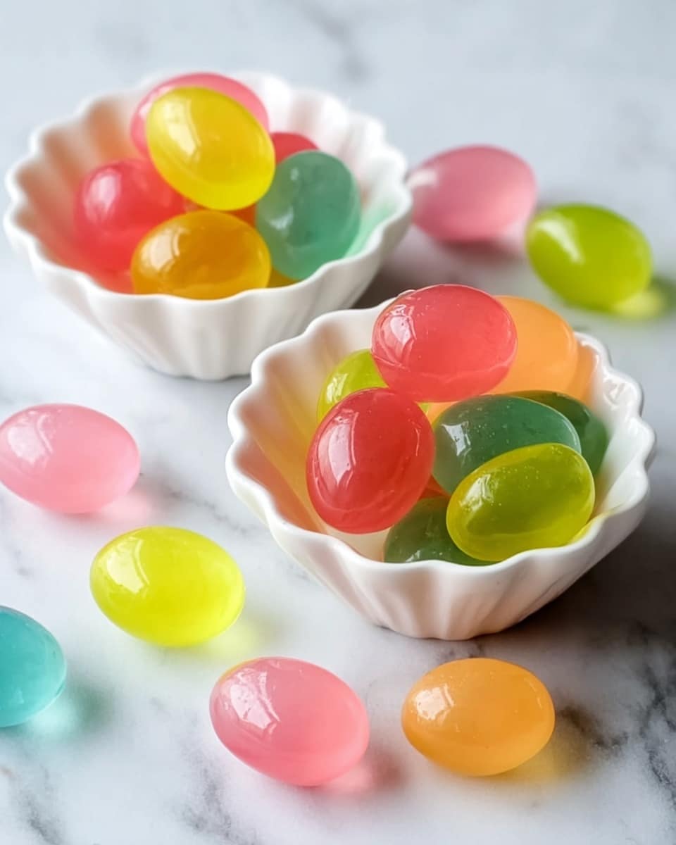 Two white scalloped bowls are filled with shiny, smooth, oval-shaped jelly candies in different colors including pink, green, yellow, and orange. The jellies have a translucent look, catching the light and showing a glossy texture. Some extra jellies are scattered around the bowls on a white marbled surface, adding more splashes of color in similar shades of pink, green, yellow, and blue. The bowls are placed close together, slightly off-center to the right in the image. photo taken with an iphone --ar 4:5 --v 7