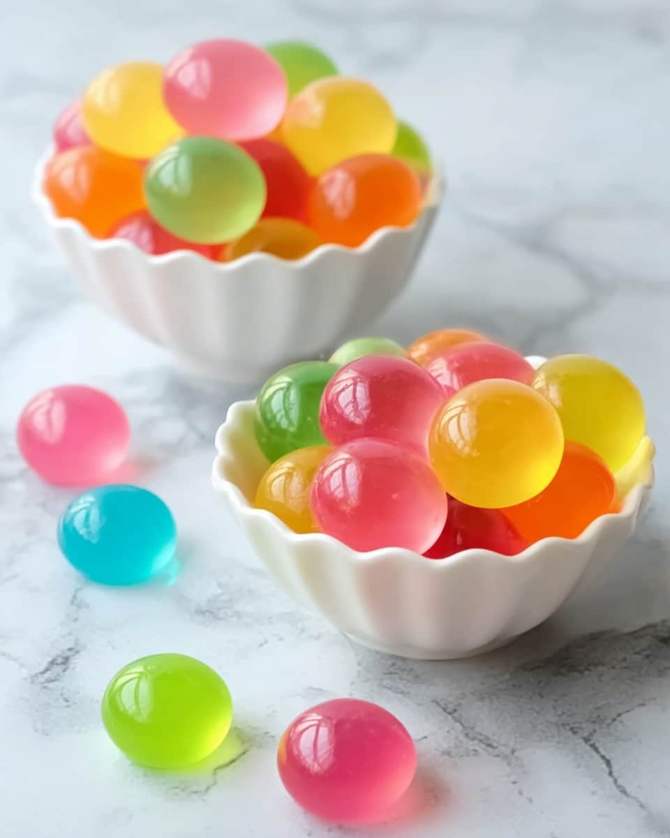 Two white scalloped bowls filled with shiny, round jelly candies in bright colors like pink, green, yellow, and orange sit on a white marbled surface. Each bowl is full of layers of these translucent, smooth-textured candies, some slightly overlapping, with soft light reflecting on their glossy surfaces. Around the bowls, a few loose jelly candies in colors like pink, green, blue, and yellow are scattered on the white marbled surface, adding a playful touch to the scene. photo taken with an iphone --ar 4:5 --v 7