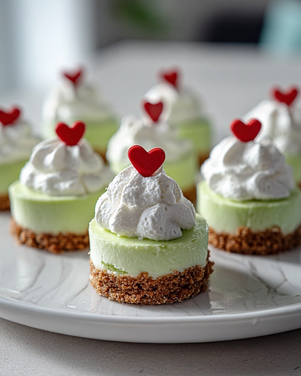 The dish shows several small round desserts arranged on a white plate with a white marbled texture. Each dessert has three layers: a bottom layer of crumbly brown crust, a middle layer of smooth light green mousse with a creamy texture, and a top layer of fluffy white whipped cream dolloped in a peak shape. A small red heart-shaped decoration sits on top of the whipped cream on each dessert. The background is softly blurred, focusing attention on the desserts. photo taken with an iphone --ar 4:5 --v 7