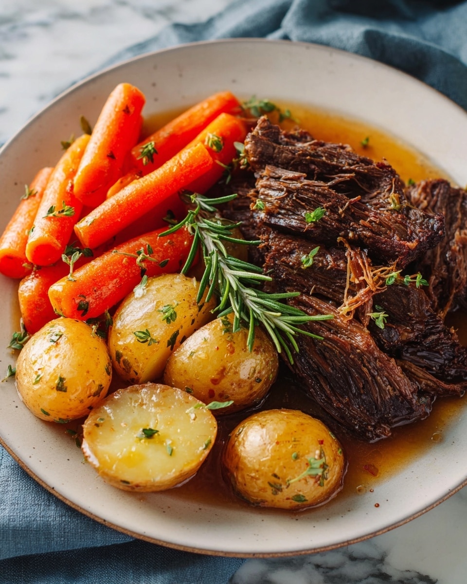 The dish shows a white plate filled with three main layers. The bottom layer has small, halved golden potatoes with a shiny, slightly oily texture, some sprinkled with green herbs. The middle layer has bright orange, cooked baby carrots with a smooth surface, arranged to the left side. The top layer has large chunks of dark brown, tender-looking beef with visible fibers, garnished with fresh green rosemary sprigs placed in the center. There is a light brown sauce pooling slightly around the potatoes and carrots, adding shine to the whole plate. The background surface is a white marbled texture with a folded blue cloth partially visible under the plate. Photo taken with an iphone --ar 4:5 --v 7