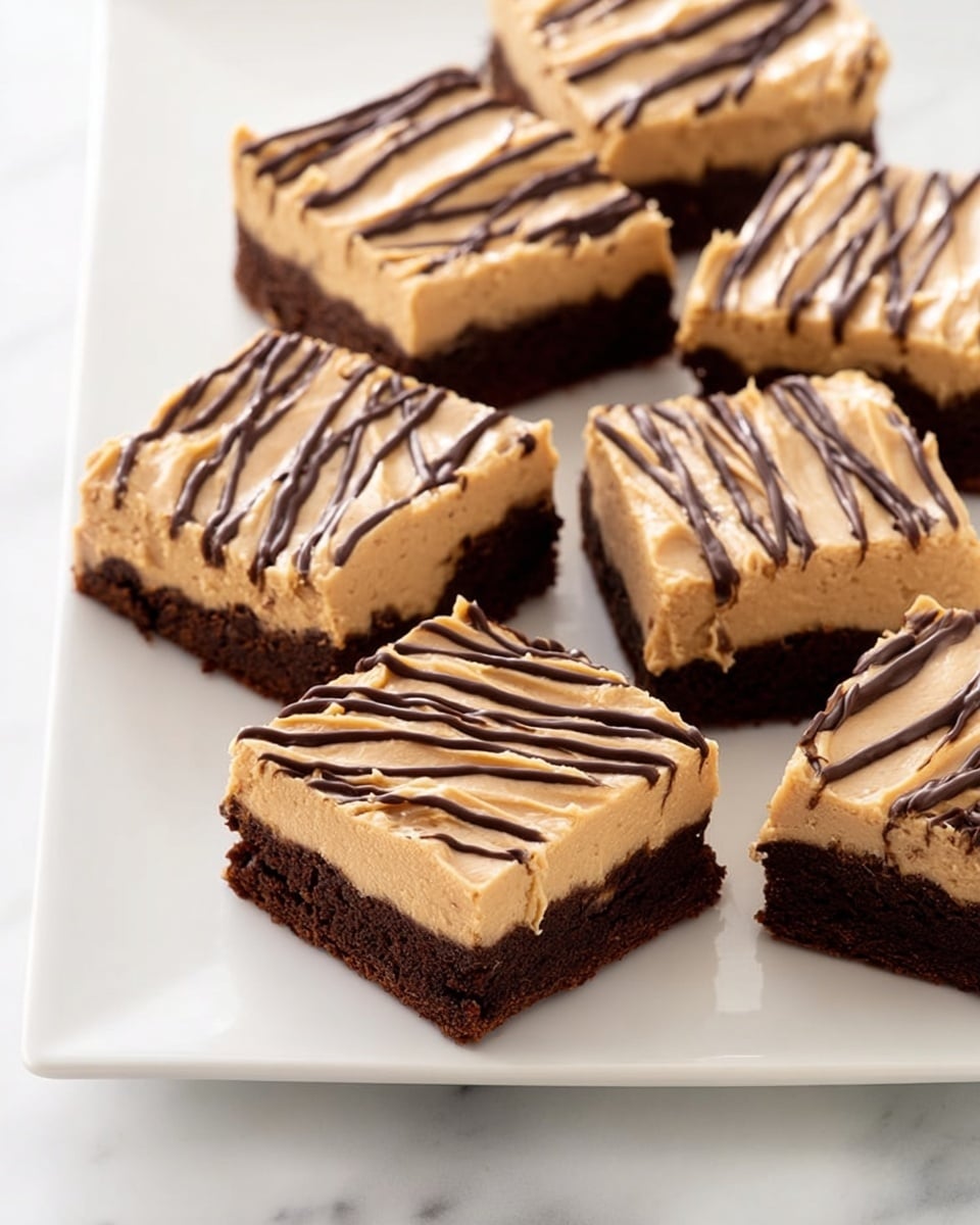 The image shows six square brownie pieces arranged on a white rectangular plate placed on a white marbled surface. Each brownie has two visible layers: a thick, dark brown bottom layer with a moist, dense texture, and a lighter tan top layer of creamy frosting that looks smooth and softly spread. The top of each brownie is decorated with thin, irregular diagonal lines of dark chocolate drizzle, adding a shiny contrast to the matte frosting. The brownies are cut neatly with some showing slightly uneven frosting edges, making them look freshly made and inviting. photo taken with an iphone --ar 4:5 --v 7