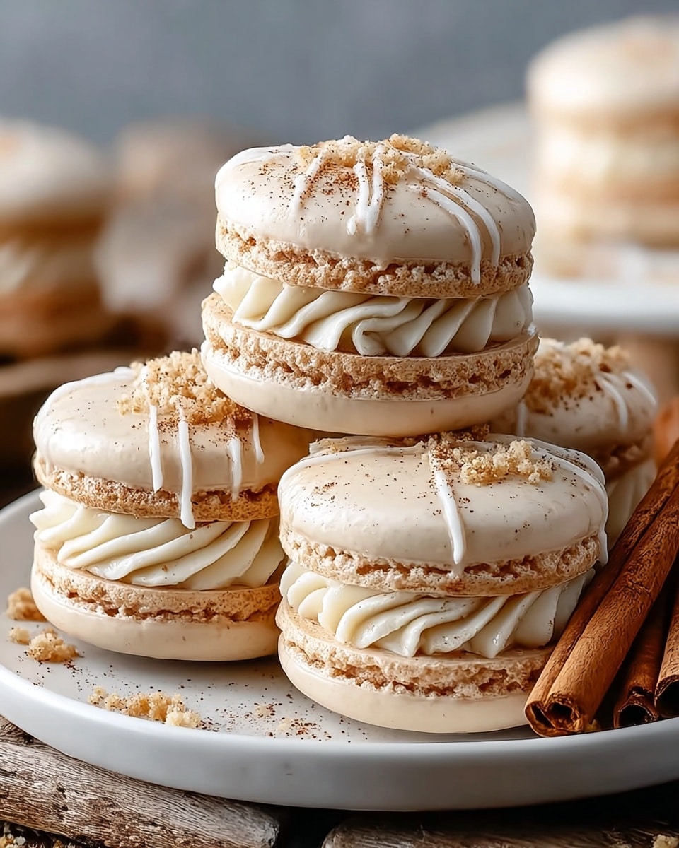 The image shows a white plate with five cinnamon macarons stacked and arranged in a close group. Each macaron has three main layers: a light beige, smooth and slightly shiny top shell with thin white drizzles and tiny crumb sprinkles, a rough-textured beige middle shell with visible cinnamon specks, and a thick, creamy white frosting filling with soft swirls sandwiched between the shells. The macarons rest on a rustic wooden surface, with cinnamon sticks placed to the right side, adding warm brown tones to the setting. The background is softly blurred, focusing attention on the detailed texture and light color contrast of the macarons. photo taken with an iphone --ar 4:5 --v 7