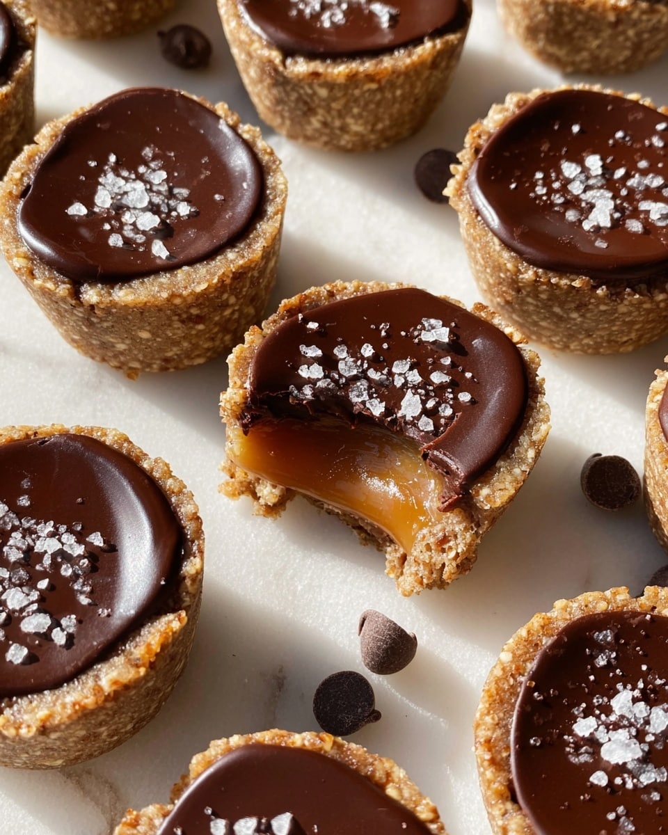 The image shows multiple small round treats arranged closely on a white marbled surface. Each treat has three visible layers: the outer crust layer which is light brown and grainy with a rough texture, the middle caramel filling visible in one bitten piece with a smooth amber tone, and a top layer of dark, glossy chocolate with a silky surface, some sprinkled with coarse white salt flakes. Scattered small chocolate chips appear around the treats, adding extra texture to the scene. The lighting creates soft shadows enhancing the textures and colours of each layer. photo taken with an iphone --ar 4:5 --v 7