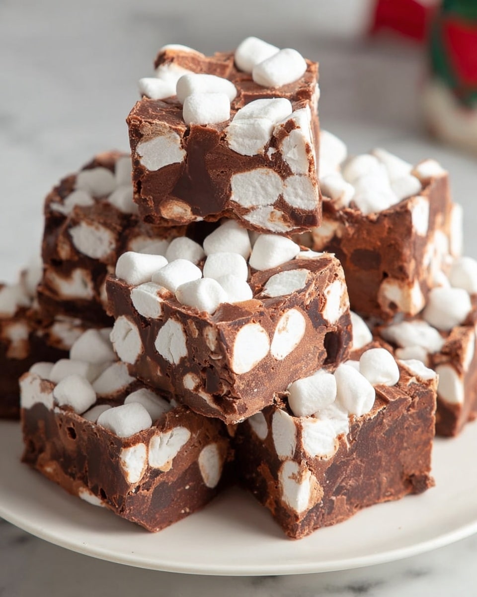 A white plate holds several square pieces of chocolate fudge mixed with white mini marshmallows. Each piece shows a thick, dark brown chocolate layer with many soft, fluffy marshmallows embedded inside and on top, creating a bumpy texture with contrasting white and brown colors. The fudge pieces are stacked in a small pile on a white marbled surface. photo taken with an iphone --ar 4:5 --v 7