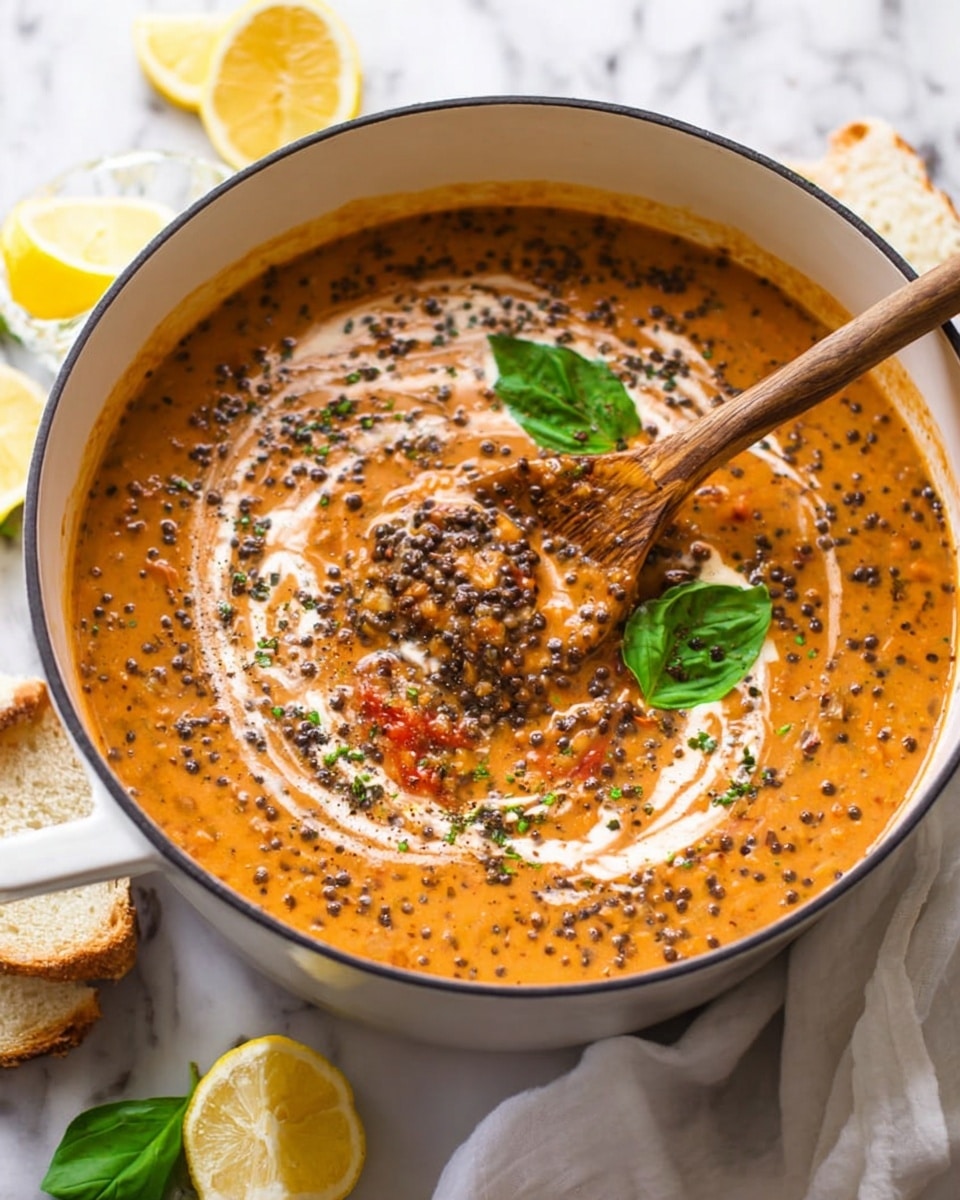 A white pot filled with creamy orange lentil soup mixed with black lentils and pieces of tomato, swirled with white cream on the surface. There are a few green basil leaves placed on top near the edges, and a lemon wedge rests on the side inside the pot. A wooden spoon scoops some of the soup, showing the thick, chunky texture of the lentils and tomatoes. The pot is on a white marbled surface with a white cloth nearby and slices of bread and lemon halves around it. photo taken with an iphone --ar 4:5 --v 7
