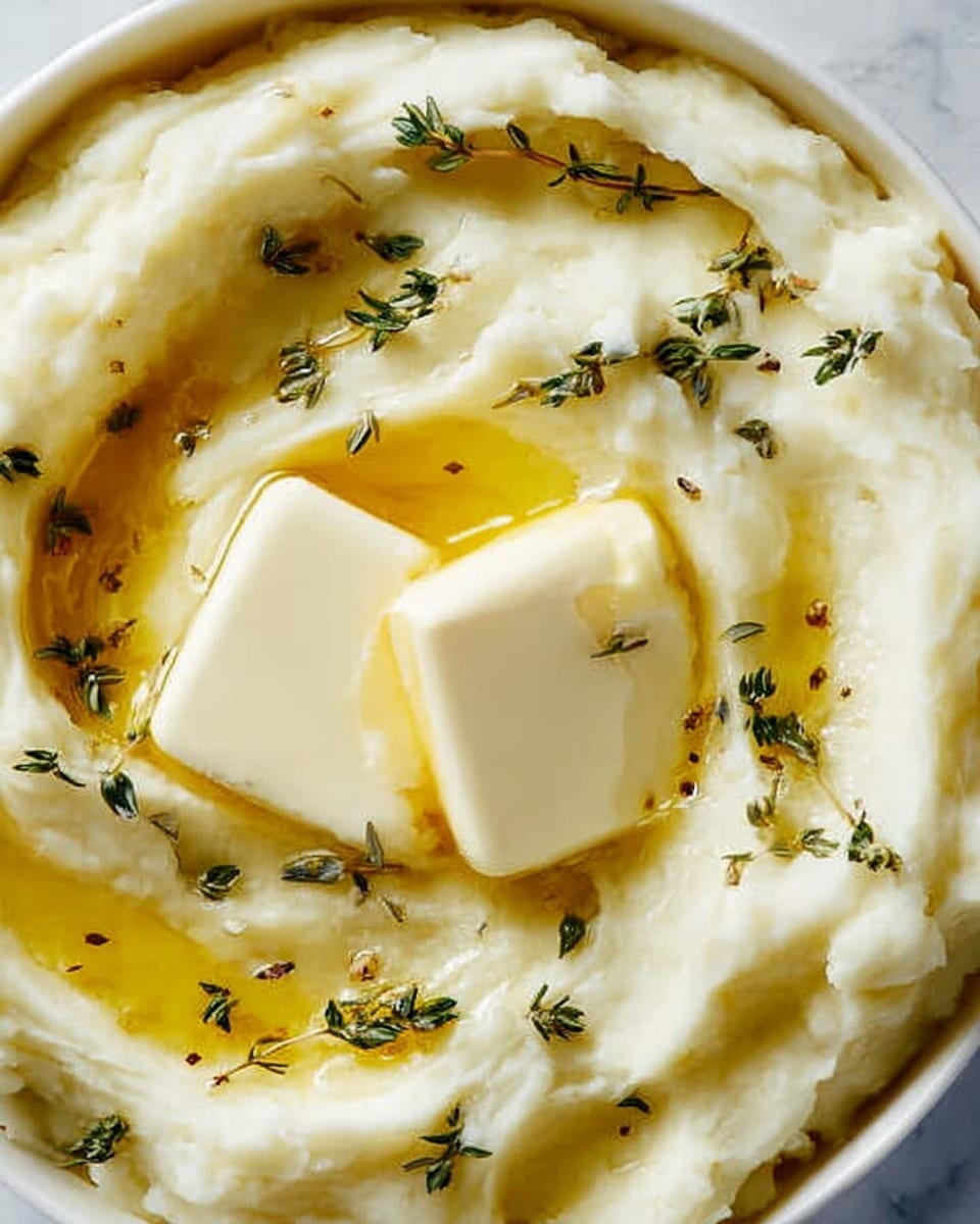 A close-up image shows a white bowl filled with creamy mashed potatoes that have a smooth and slightly fluffy texture with visible swirls on the surface. On top, two pale yellow butter squares begin to melt, spreading golden melted butter over the potatoes. Small green thyme sprigs are scattered around, adding fresh detail and a touch of color contrast. The bowl sits on a white marbled surface, enhancing the clean and simple look of the dish, photo taken with an iphone --ar 4:5 --v 7