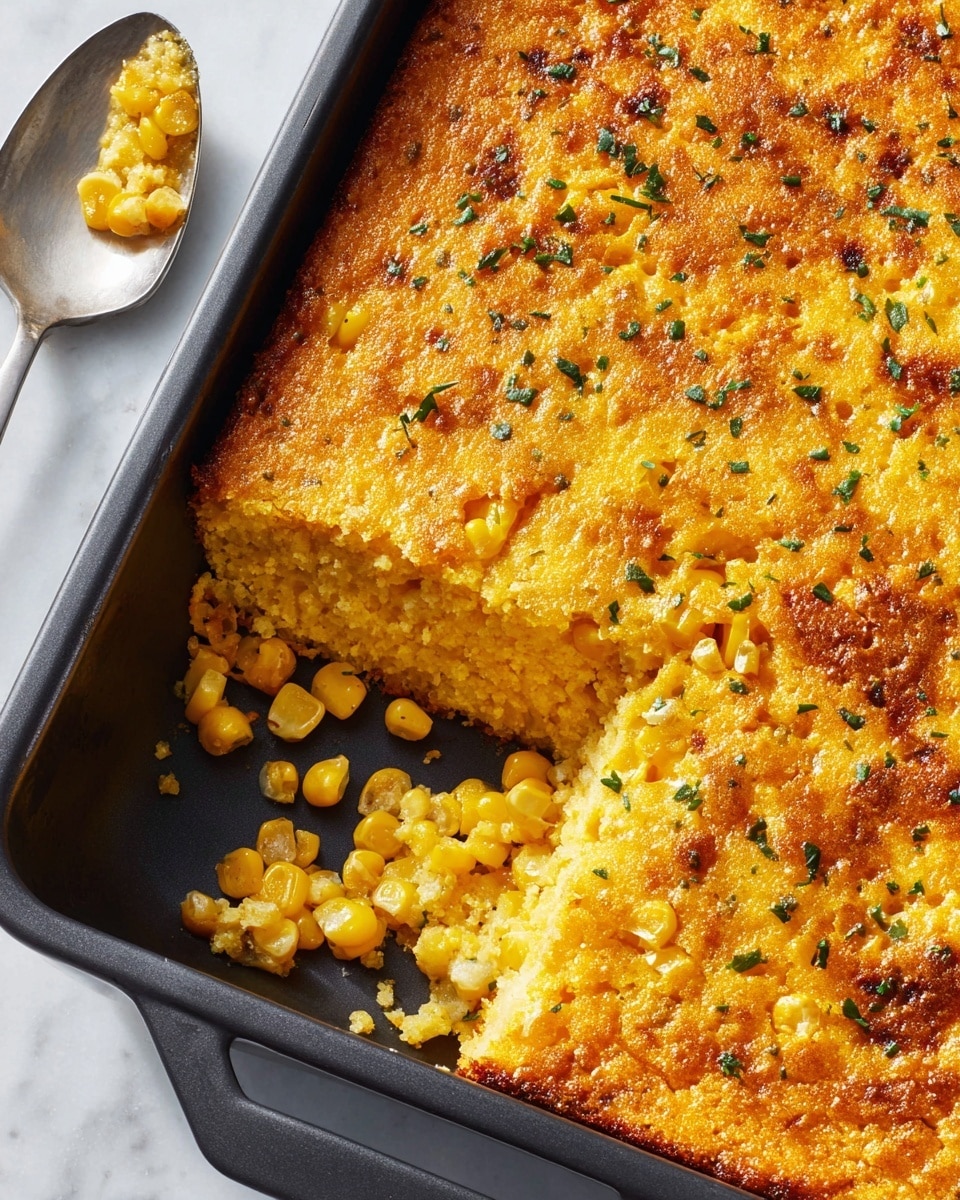 The image shows a black rectangular pan with a baked corn casserole inside. The casserole has three visible layers: the top layer is golden brown with a crispy, slightly bubbly texture and some small chopped green herbs sprinkled on it; the middle layer consists of bright yellow whole corn kernels mixed with a creamy yellow filling; the bottom layer is a soft, smooth, pale yellow base that looks moist. A portion of the casserole has been scooped out from the bottom left corner, revealing all layers clearly. The pan is placed on a white marbled texture, and a silver spoon is seen nearby with a small piece of the corn casserole on it. Photo taken with an iphone --ar 4:5 --v 7