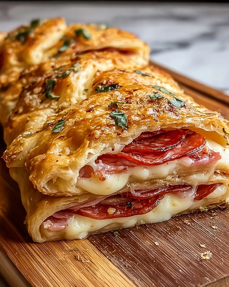 The image shows a sliced folded pastry with three visible layers. The top layer is a golden brown, flaky crust with a shiny and slightly bubbly texture, dotted with small green herb leaves. Below the crust, the second layer contains thin, round slices of red pepperoni or salami, slightly overlapping each other. The third layer consists of melted white cheese that peeks out between the meat slices, adding a creamy and gooey texture. The pastry rests on a wooden board with the background changed to a white marbled texture. photo taken with an iphone --ar 4:5 --v 7