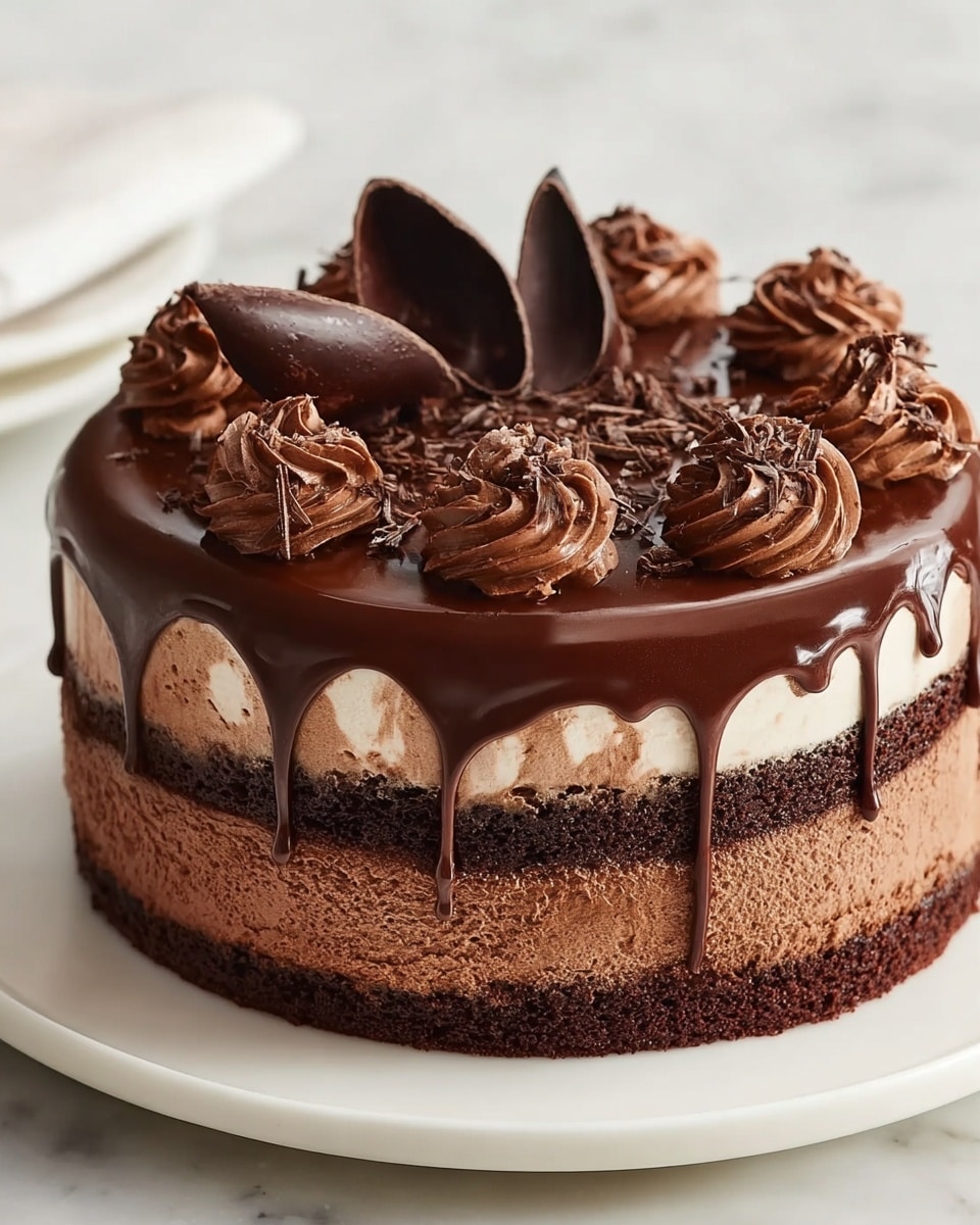 A rich chocolate cake with four layers is shown on a white plate, set on a white marbled surface. The bottom and middle layers are dark, moist chocolate cake, while the second and top layers are light, fluffy chocolate mousse. A thick, glossy chocolate ganache covers the top and drips down the sides smoothly. The top is decorated with swirls of chocolate cream along the edge and two dark chocolate curls place in the center. The ganache has a shiny, slightly patterned texture. The photo taken with an iphone --ar 4:5 --v 7