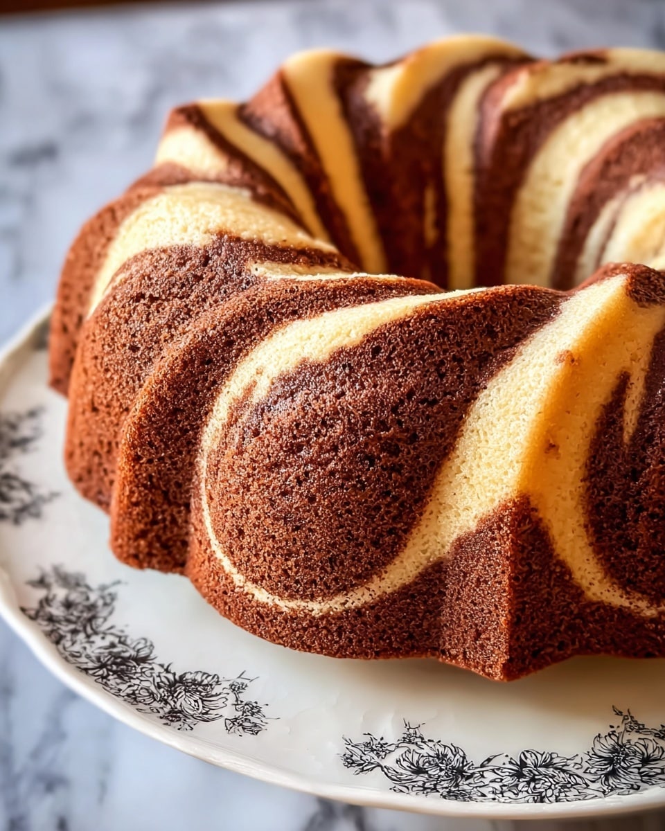 A ring-shaped Bundt cake with two visible layers swirled together in a spiral pattern. The cake has a light beige creamy layer that contrasts with a dark brown chocolate layer, both having a soft, moist texture. The swirls create a flowing wave effect on the cake’s surface, emphasizing the round shape with deep ridges along the sides. The cake sits on a white plate with a delicate black floral pattern, placed on a surface with a white marbled texture. Photo taken with an iphone --ar 4:5 --v 7