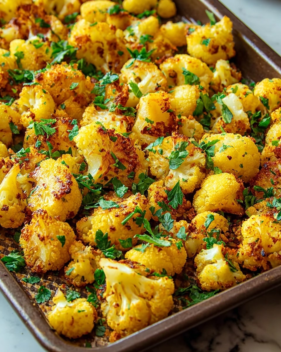 The image shows a close-up of a baking tray filled with roasted bite-sized cauliflower pieces. Each piece has a golden yellow color with crispy, browned edges and a slightly crumbly texture from seasoning. Bright green chopped parsley is sprinkled evenly over the cauliflower, adding a fresh contrast. The tray sits on a white marbled surface that softly reflects the warm colors of the cauliflower. photo taken with an iphone --ar 4:5 --v 7