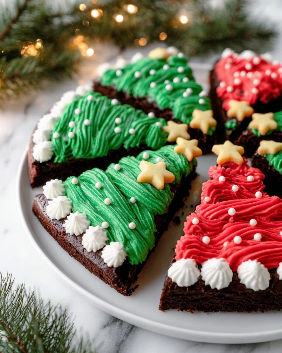 A white plate holds several triangular dark chocolate brownie slices decorated like Christmas hats. Each slice has two main layers of frosting on top: a thick, wavy green frosting covering most of the slice, textured with small round white sprinkles scattered across it, and contrasting bright red frosting with similar wavy texture near the tip of the triangle. The base edge of the red frosting is topped with small, fluffy white dollops of cream-like frosting. A tiny yellow star-shaped cookie sits at the meeting point between the red and green layers on each brownie piece. The plate is set on a white marbled surface with soft green pine branches and warm fairy lights blurred in the background. Photo taken with an iphone --ar 4:5 --v 7