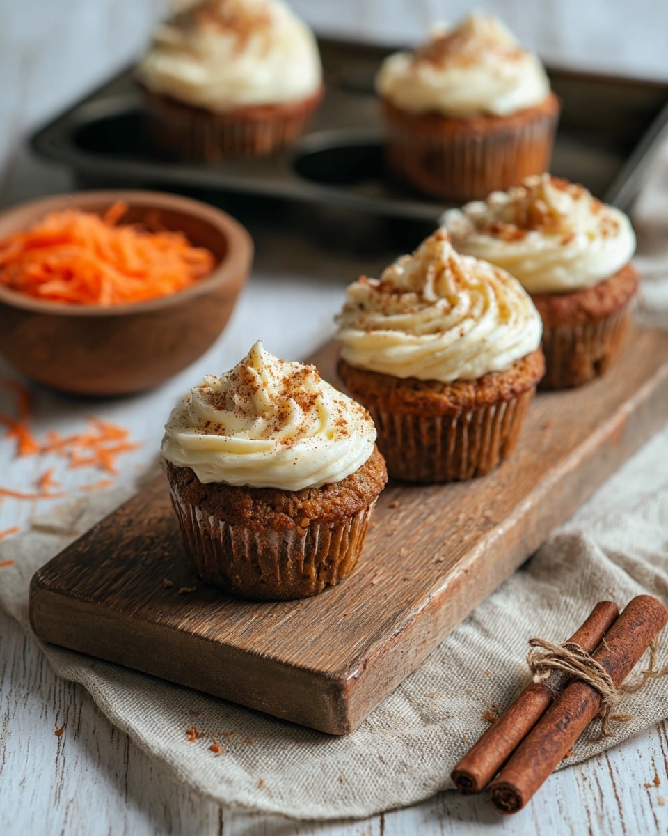 The image shows three carrot cupcakes placed on a wooden cutting board, each with one layer of brown cake topped with a thick layer of cream-colored frosting swirled on top and sprinkled with reddish-brown cinnamon powder. Behind the cutting board, there are two more cupcakes on a dark metal tray, slightly out of focus. To the left, there is a small wooden bowl filled with orange shredded carrot. On the lower right corner, two cinnamon sticks are tied together, resting on the wooden surface. The whole scene is set on a white marbled texture table with a beige coarse cloth underneath the cutting board, creating a warm and cozy atmosphere. photo taken with an iphone --ar 4:5 --v 7
