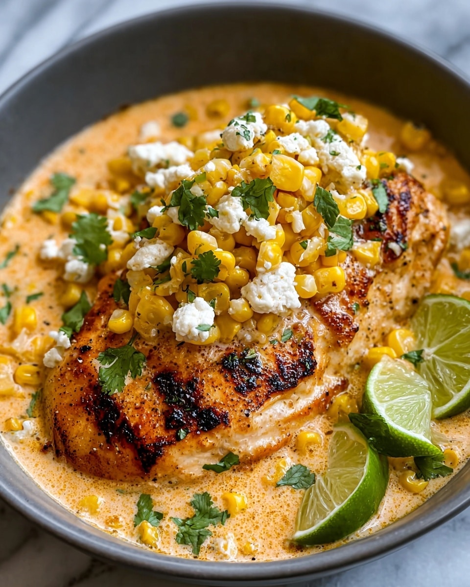The dish shows a close-up of one thick piece of grilled chicken breast with a light golden-brown char on top, sitting on a creamy, slightly orange sauce that fills a gray bowl. On top of the chicken, there is a layer of bright yellow corn kernels mixed with dollops of white cottage cheese, sprinkled with small pieces of fresh green cilantro. Two lime wedges are placed on the right side inside the bowl, adding a fresh green color contrast. The chicken and toppings are glistening, showing moisture and seasoning. The bowl rests on a white marbled surface. Photo taken with an iphone --ar 4:5 --v 7