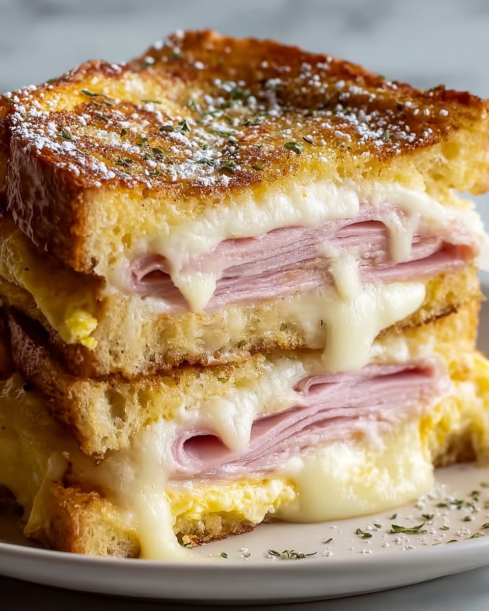 A close-up image of a thick sandwich slice showing five visible layers: the bottom layer is golden brown toasted bread, above it is a thick stack of light pink ham slices folded neatly, followed by a creamy melted white cheese layer that oozes slightly at the edges, then a light yellow egg or custard layer with soft texture, and on top is a darker golden brown toasted bread with a slightly crispy crust sprinkled with green herbs and a light dust of powdered sugar. The sandwich is on a white plate resting on a white marbled surface. Photo taken with an iphone --ar 4:5 --v 7