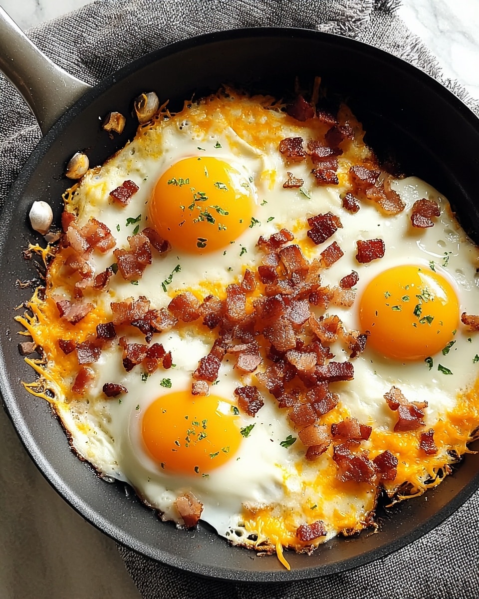 A black skillet contains three sunny-side-up eggs with bright yellow yolks and firm white edges, placed over a layer of melted orange cheddar cheese mixed with small pieces of crispy, browned bacon scattered across the top and around the eggs. The skillet sits on a soft gray cloth, set against a white marbled background. Photo taken with an iphone --ar 4:5 --v 7