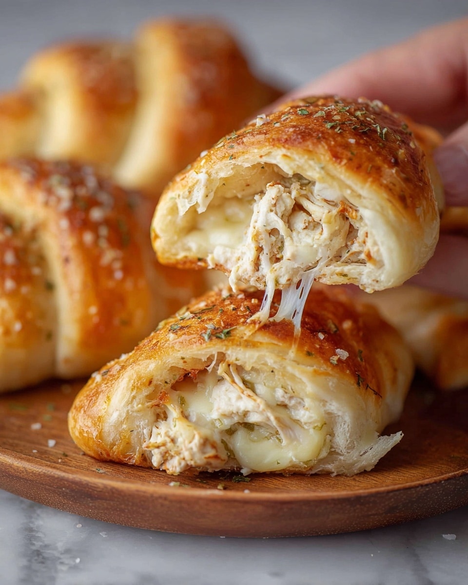 The image shows golden-brown crescent rolls with a shiny, slightly crispy outer layer sprinkled with herbs and coarse salt. One crescent roll is cut in half, revealing a soft, flaky inside with two main layers: the outer dough and the creamy, stringy mozzarella cheese mixed with tender, shredded chicken in the center. A woman's hand is holding the top half of the cut roll, highlighting the stretchiness of the melted cheese. The rolls rest on a wooden board placed on a white marbled texture surface. photo taken with an iphone --ar 4:5 --v 7