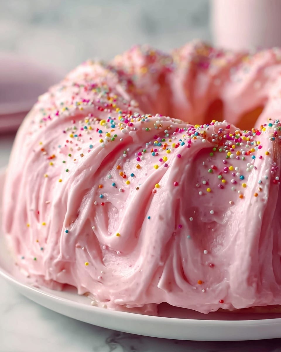 A close-up of a pink frosted bundt cake covered with smooth, thick swirls of light pink frosting that flows in layered waves all over the cake. The frosting is decorated with small, colorful round sprinkles scattered evenly across the surface. The cake sits on a white plate, placed on a white marbled surface in soft daylight. photo taken with an iphone --ar 4:5 --v 7