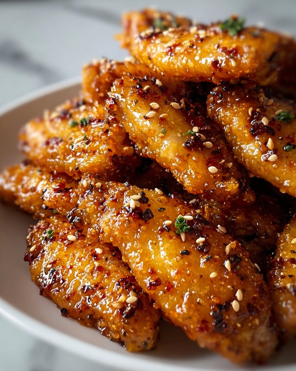 A close-up of crispy chicken wings stacked on a white plate, each wing glazed with a shiny, sticky sauce that glistens under the light. The wings have a golden-brown, crunchy skin with black pepper flakes and sesame seeds sprinkled evenly on top. Small green herb bits add a touch of color, and the texture looks crunchy and juicy. The background shows a blurred white marbled surface. photo taken with an iphone --ar 4:5 --v 7