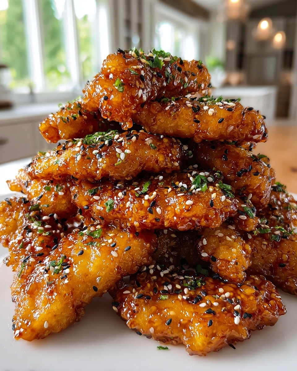 A close-up view of a tall stack of golden-brown crispy chicken tenders coated in a shiny, sticky sauce with visible sesame seeds and black seasoning bits scattered over each piece. Small green herb bits are sprinkled evenly on top, adding a fresh touch. Each tender has a textured, crunchy surface and is placed closely together on a white plate. The background is blurred but shows a bright kitchen with white cabinets and large window light. photo taken with an iphone --ar 4:5 --v 7