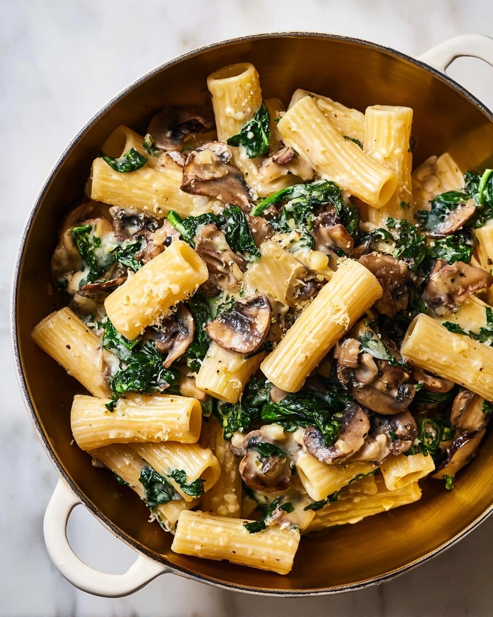 A close-up of rigatoni pasta mixed with cooked spinach and sliced mushrooms, coated in a creamy light beige sauce, served in a bowl with a warm brown inside and a white handle, all placed on a white marbled surface. The rigatoni are large and ridged, the spinach is dark green and wilted, and the mushrooms are brown with a soft texture, all blending together with a creamy sauce that lightly covers every piece. The bowl is filled generously, showing a mix of colors and textures in a casual arrangement. photo taken with an iphone --ar 4:5 --v 7