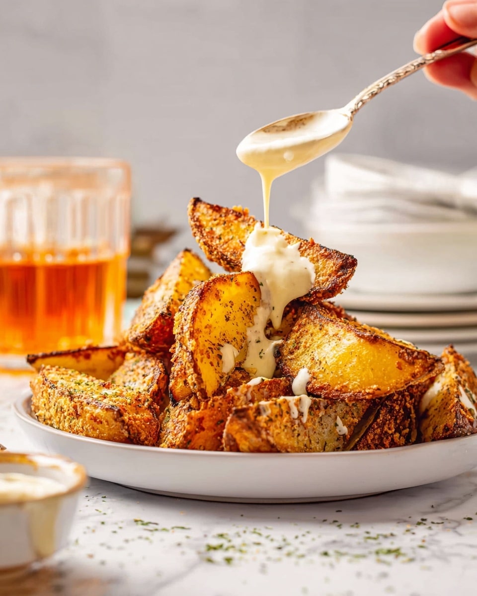 A close-up view of several thick potato wedges piled together on a sheet of white parchment paper, placed inside a container. The potato wedges are golden brown with a crispy, seasoned outer layer speckled with green dried herbs and dark spices. Their texture shows a crunchy and slightly rough surface with some charred edges. The white marbled texture is the background beneath the container, adding a clean, bright contrast to the warm tones of the wedges. photo taken with an iphone --ar 4:5 --v 7