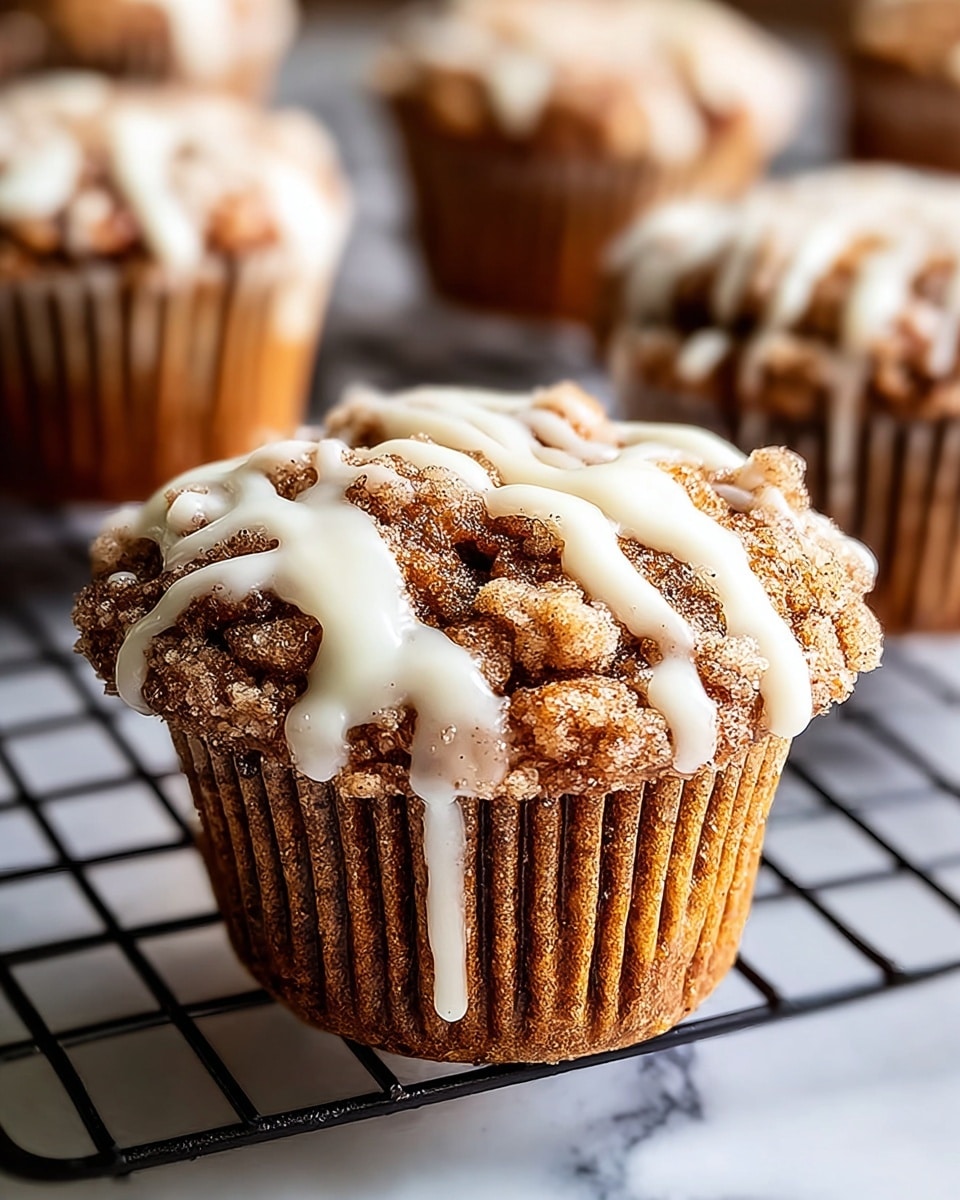 A close-up of a cinnamon muffin with a golden-brown textured top covered in a crumbly cinnamon sugar layer, drizzled generously with creamy white icing that runs down the sides. The muffin sits on a black cooling rack with more muffins blurred softly in the background, all wrapped in white paper baking cups. The scene is set on a white marbled surface, highlighting the warm, inviting colors and textures of the baked goods. photo taken with an iphone --ar 4:5 --v 7