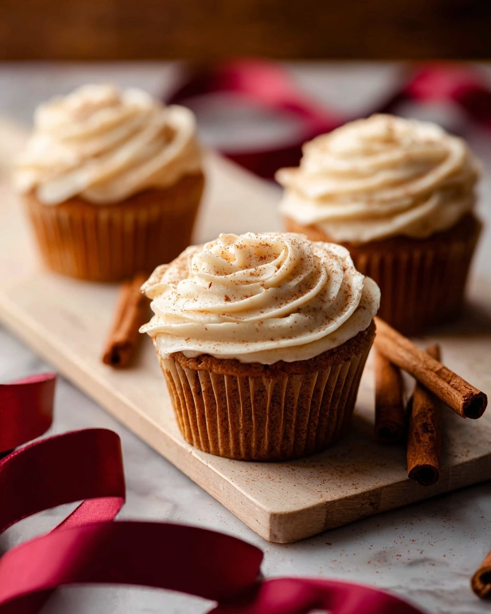 The image shows three cupcakes with a light brown base and a thick layer of creamy, swirled frosting on top, resembling a rose shape with soft, textured ridges. The cupcakes sit on a light-colored cutting board placed on a white marbled surface, with two cinnamon sticks lying next to the front cupcake. A deep red ribbon loosely curves around the bottom left corner, adding a rich contrast to the warm, cozy colors of the cupcakes. Photo taken with an iphone --ar 4:5 --v 7